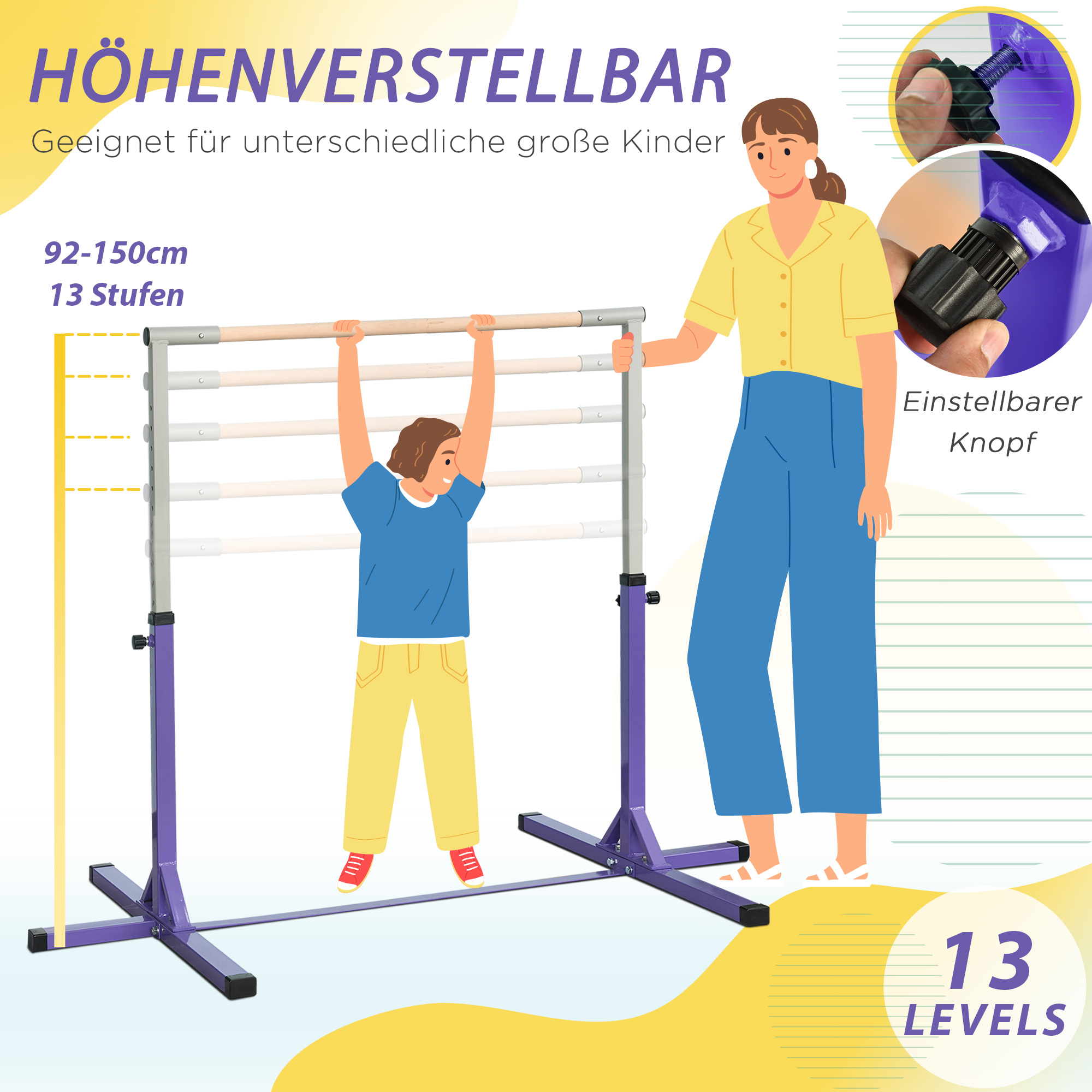 Gymnastik-Turnreck, Reckstange, 13-stufig höhenverstellbar, bis 75 kg belastbar, Stahl, Buchenholz, Lila