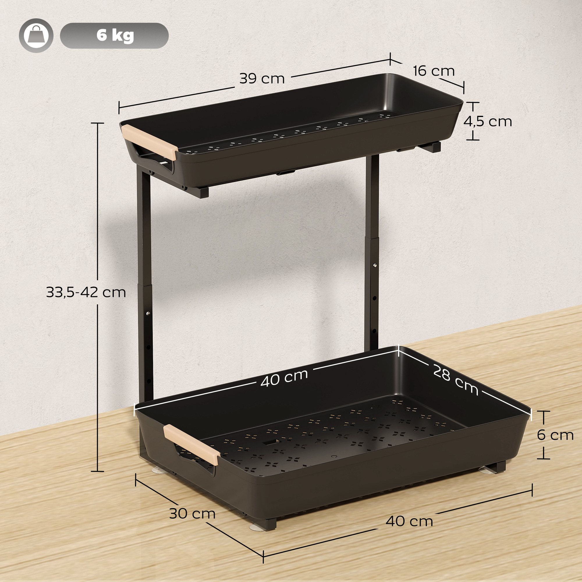 Küchenregal, Höhenverstellbar Standregal mit 2 Körbe, Kaffeebar 40 x 30 x 33,5-42 cm