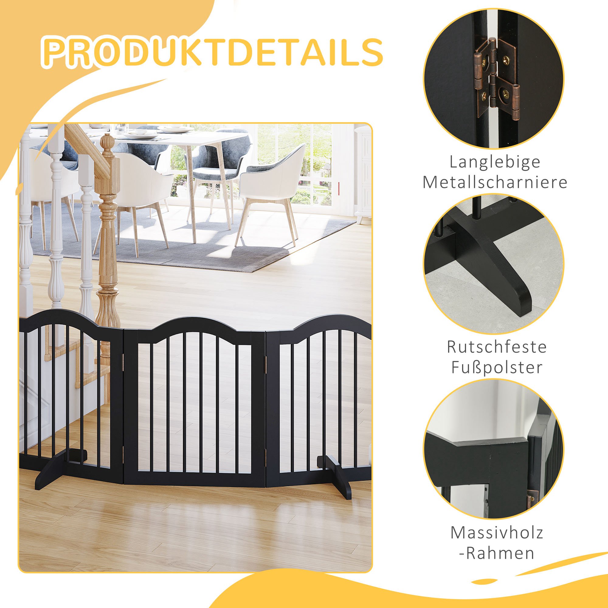 Absperrgitter Hund 3-teilig, 154,5 x 61 cm Faltbar Hundegitter mit Tür, Türschutzgitter mit 2 Stützfüßen, Freistehend Treppengitter für Küche, Flur, Schwarz