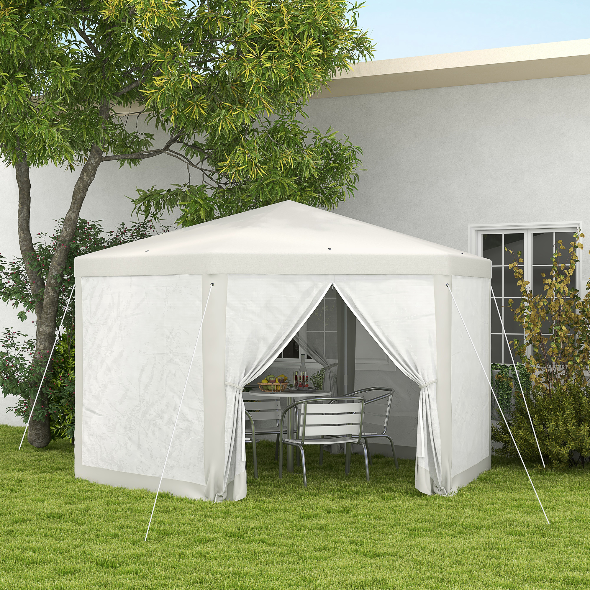 Gartenpavillon, 6-eckig, Netzvorhänge, Metallgestell, 3,94x3,412x2,5m, Creme