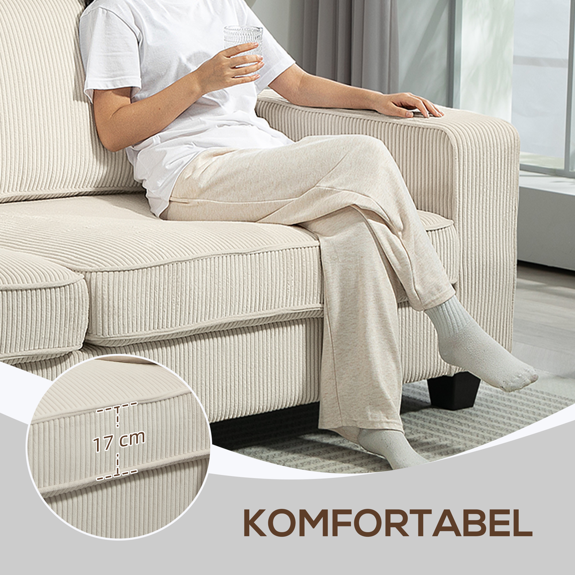 3-Sitzer Sofa mit Cordbezug, Wohnzimmersofa mit Federkern, bis 400 kg, 227 x 84 x 87 cm, Cremeweiß