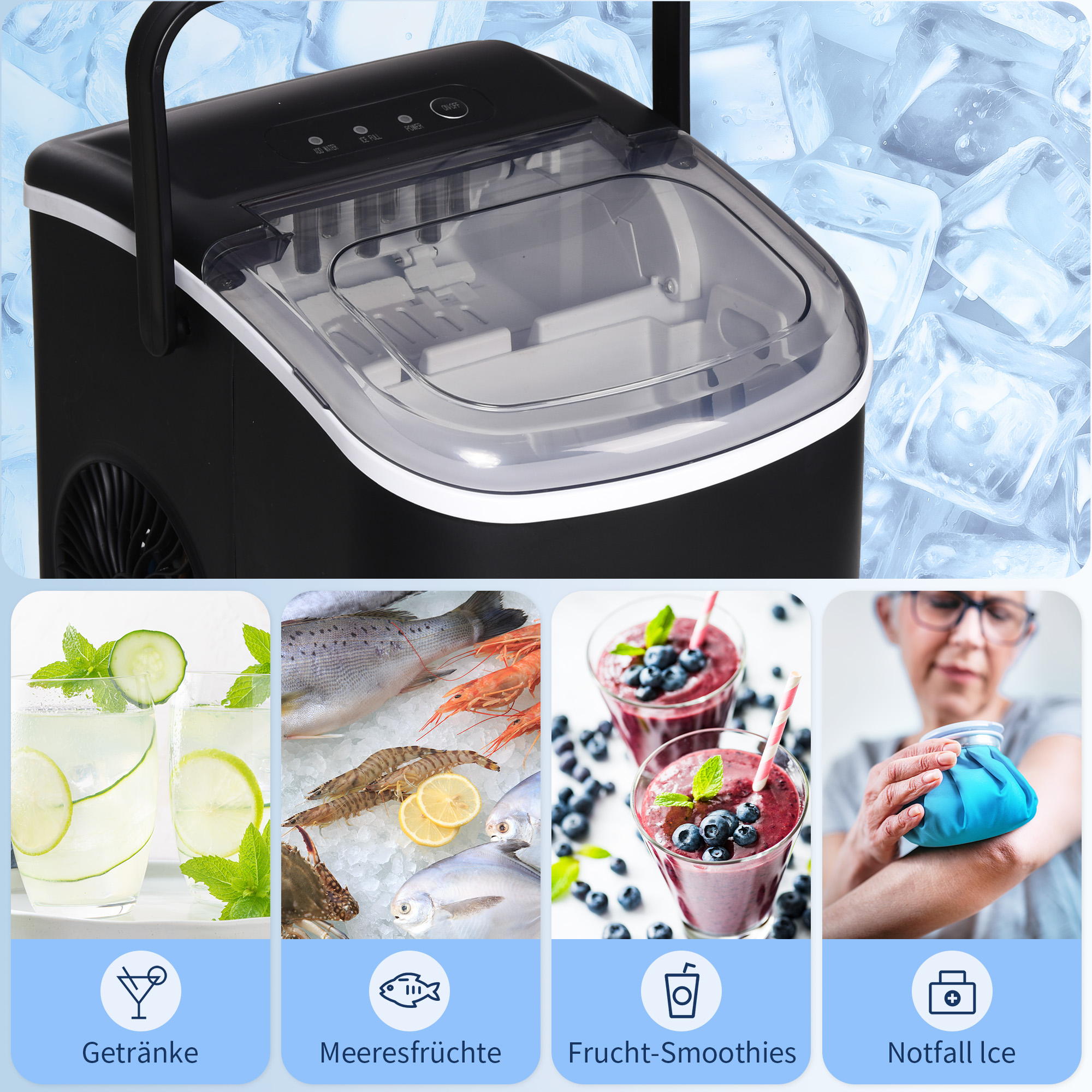 Eiswürfelmaschine Eiwürfelspender Eiwürfelbereiter, 29,4 cm x 22,2 cm x 29 cm, Schwarz