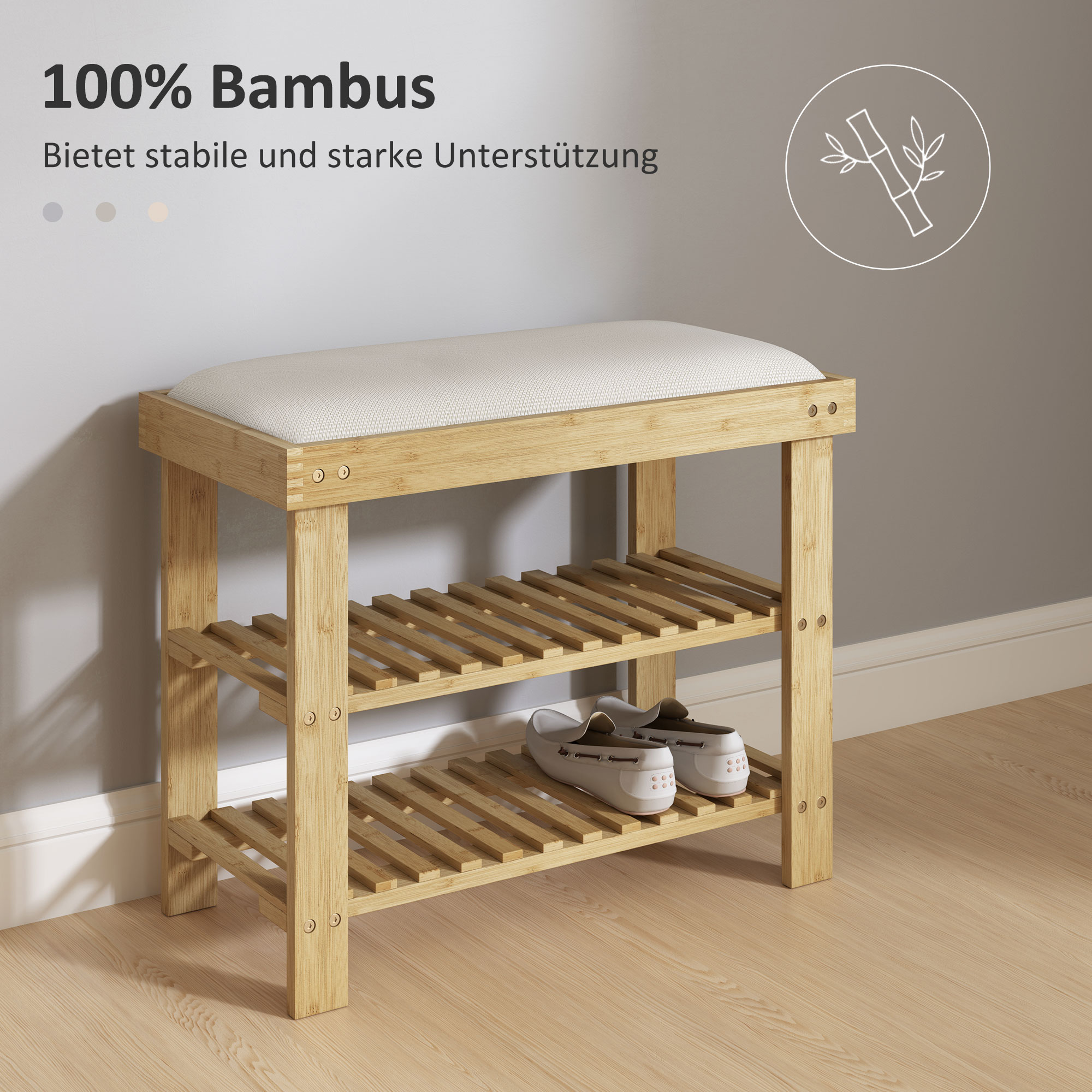 Schuhbank mit Sitzfläche, Bambus Sitzbank mit Stauraum, 2 offene Fächer, Sitzbank 60 x 29 x 49 cm Cremeweiß
