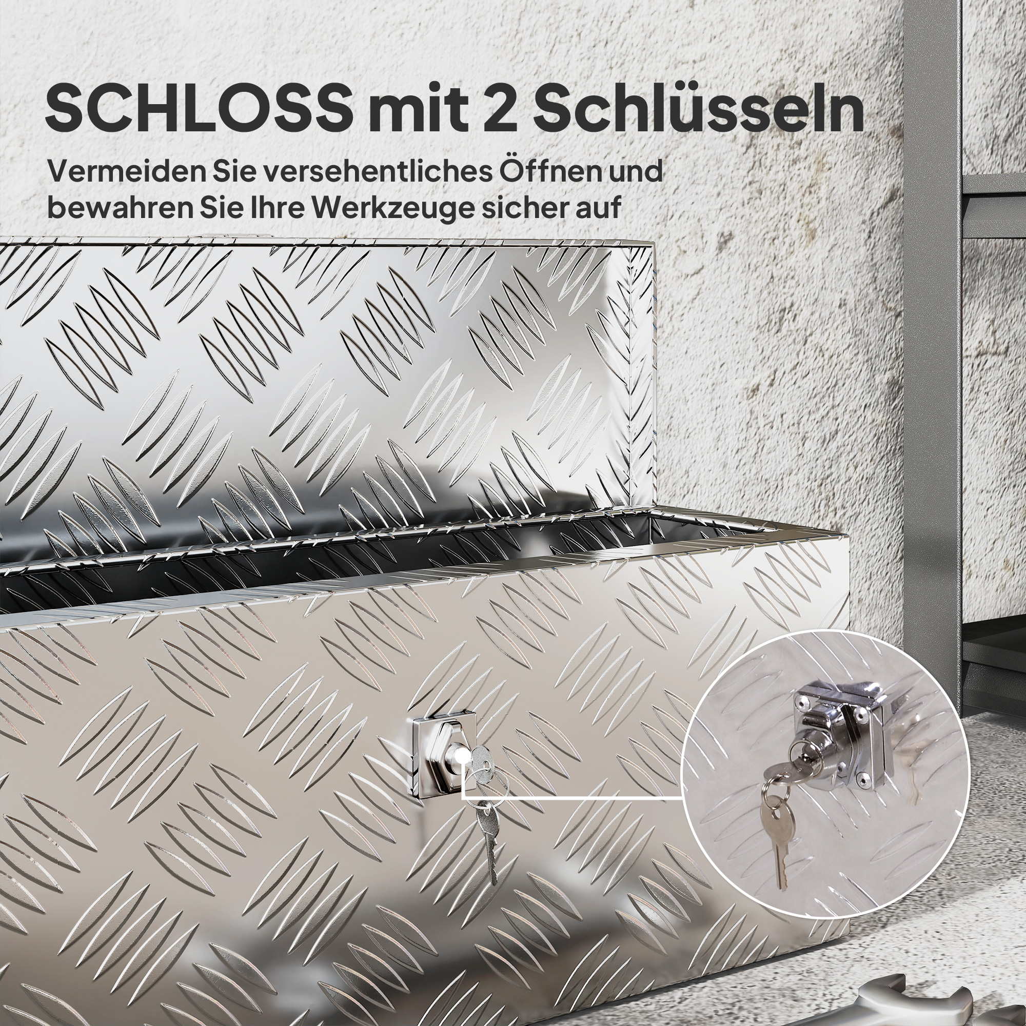 Gerätekasten Aufbewahrungskiste aus Aluminium mit Schloss und Schlüsseln 50 x 15,5 x 20,5 cm
