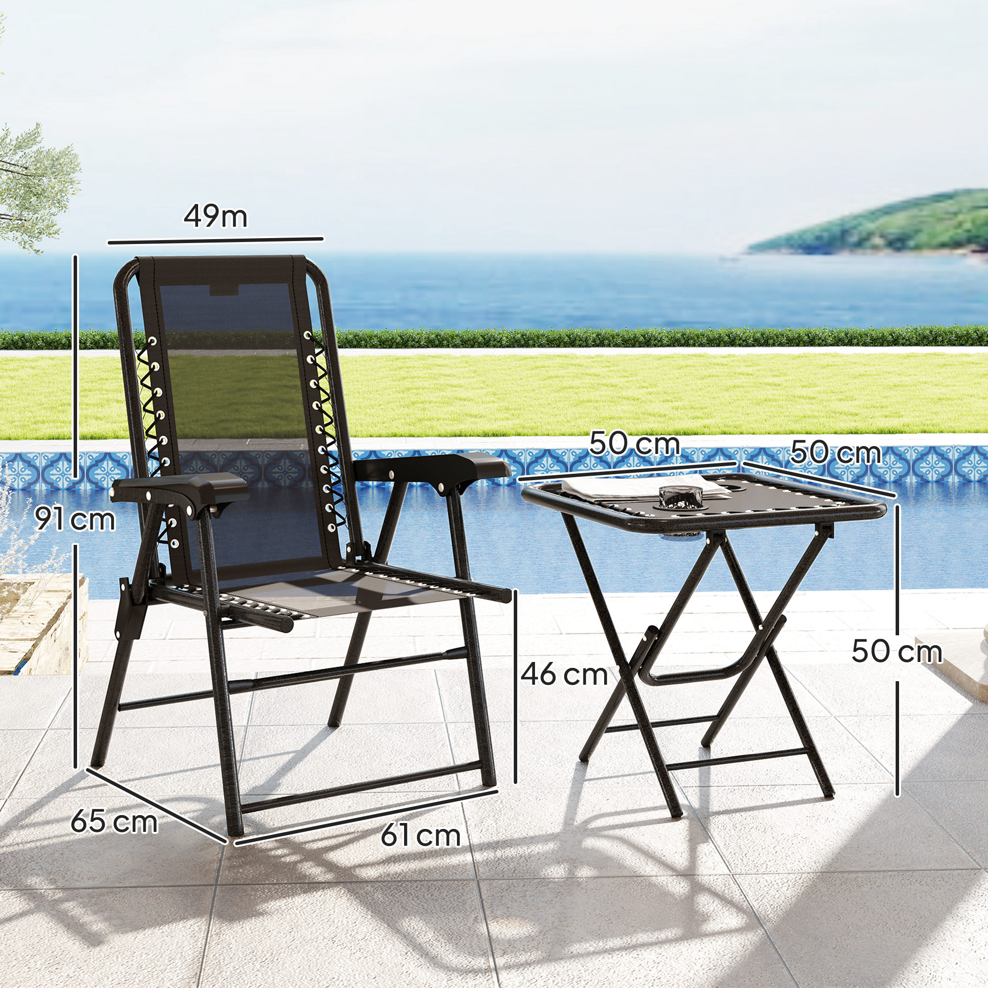 Bistro Set 3-teilig aus Stahl Wetterfest Gartenmöbel Set mit klappbar Bistrotisch Becherhalter Gartenstühlen Schwarz