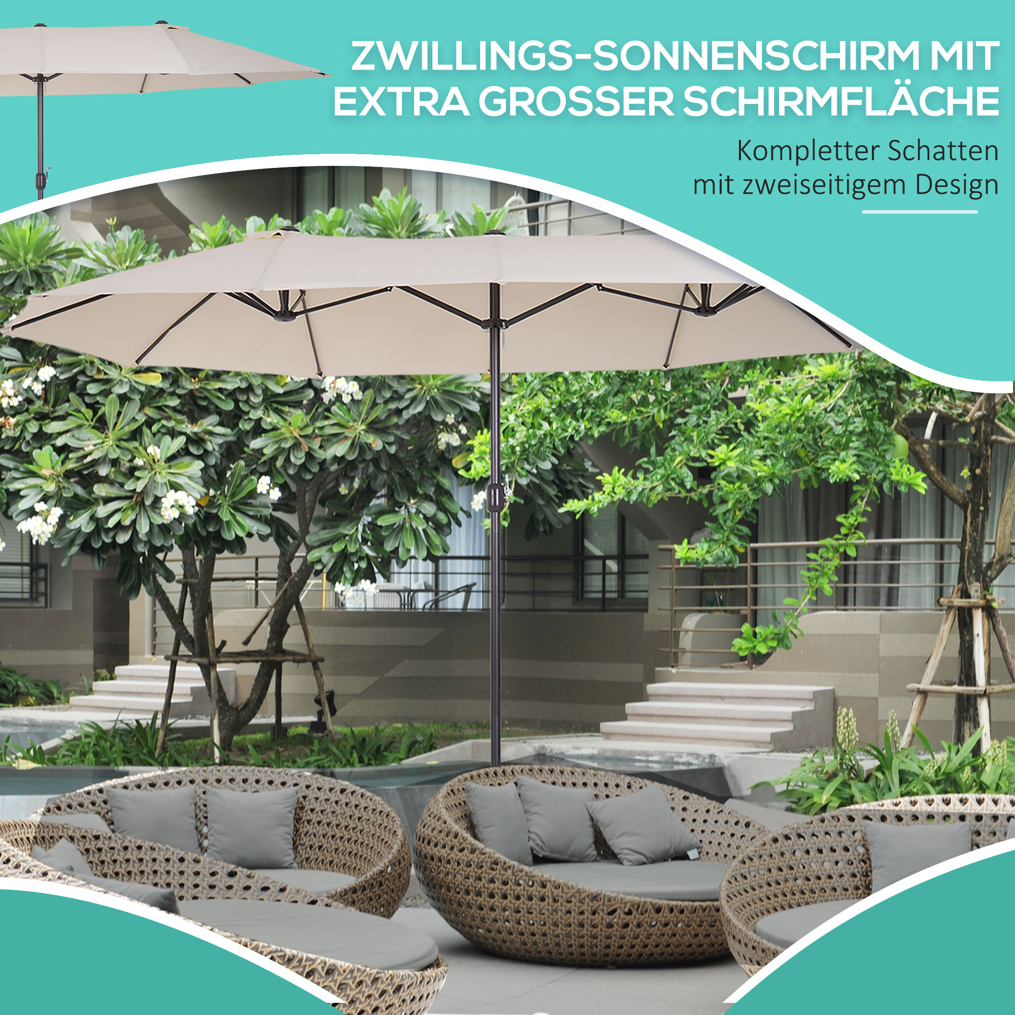 XXL Sonnenschirm mit Handkurbel wetterbeständig 455 cm x 270 cm x 240 cm Stahl Polyester Beige