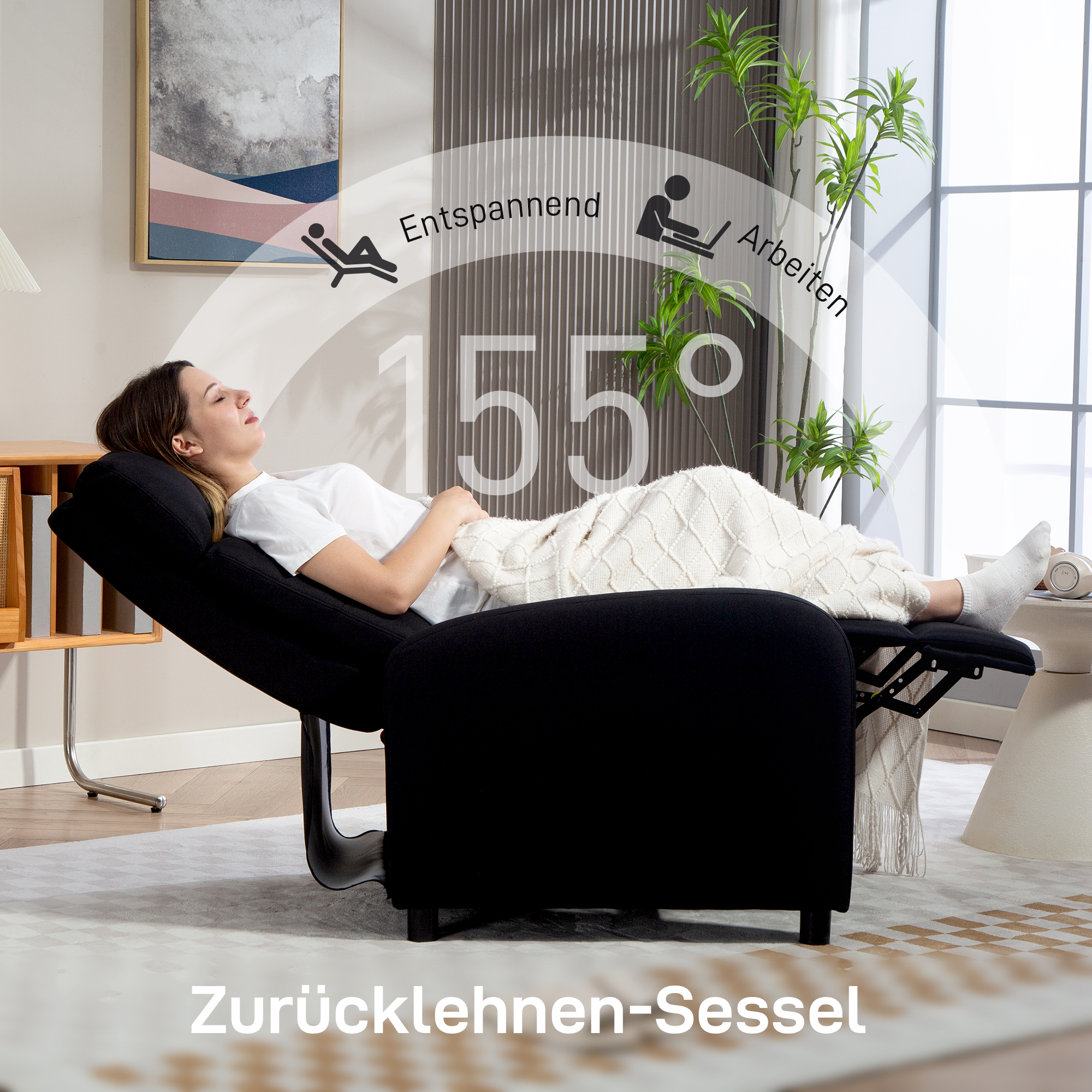 Relaxsessel mit Liegefunktion, ausfahrbares Fußteil, Taschenfederkern, bis 150 kg, Schwarz