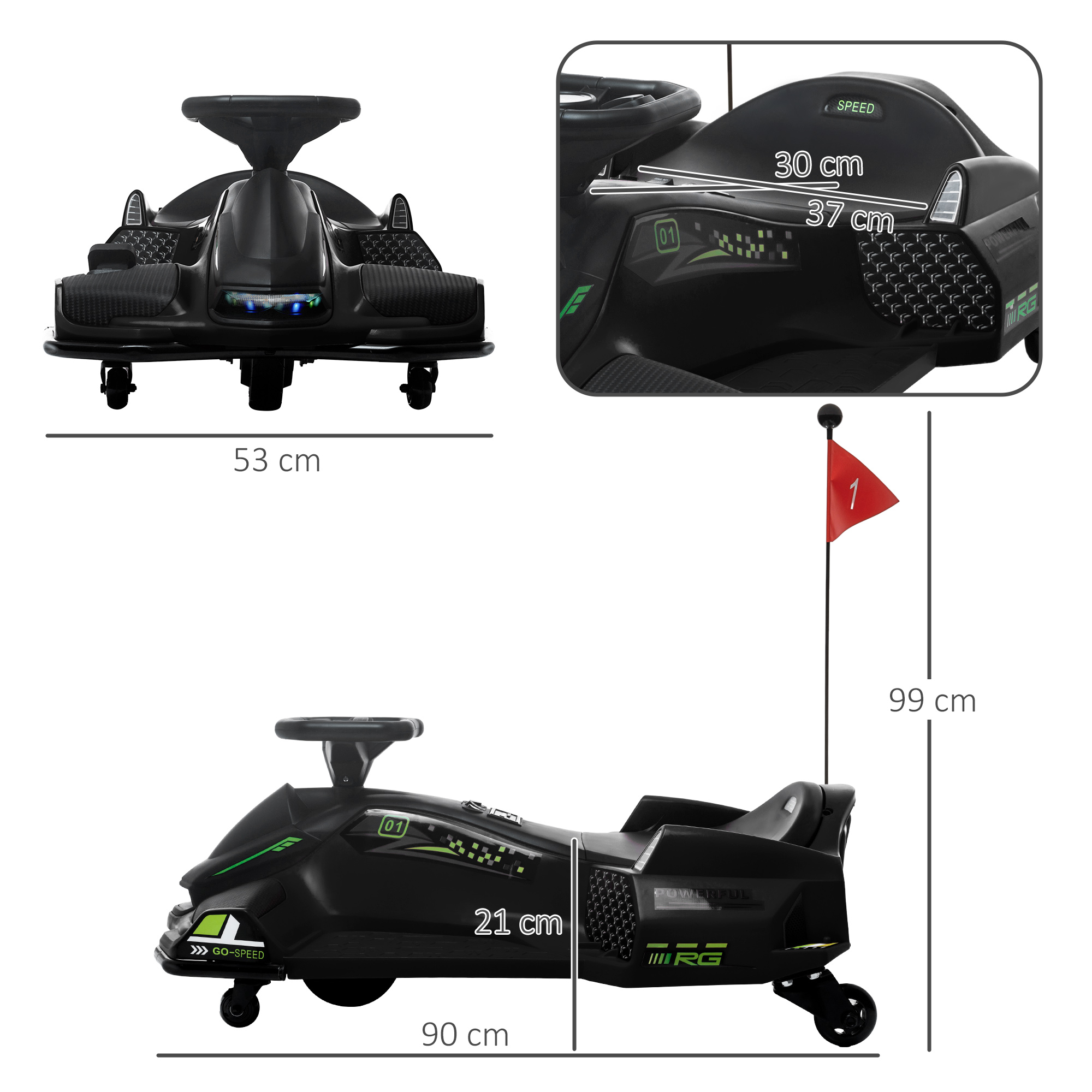 Elektrisches Go-Kart für Kinder, Gummiräder, 3-8 km/h, mit Lichtern und Musikfunktion, Schwarz
