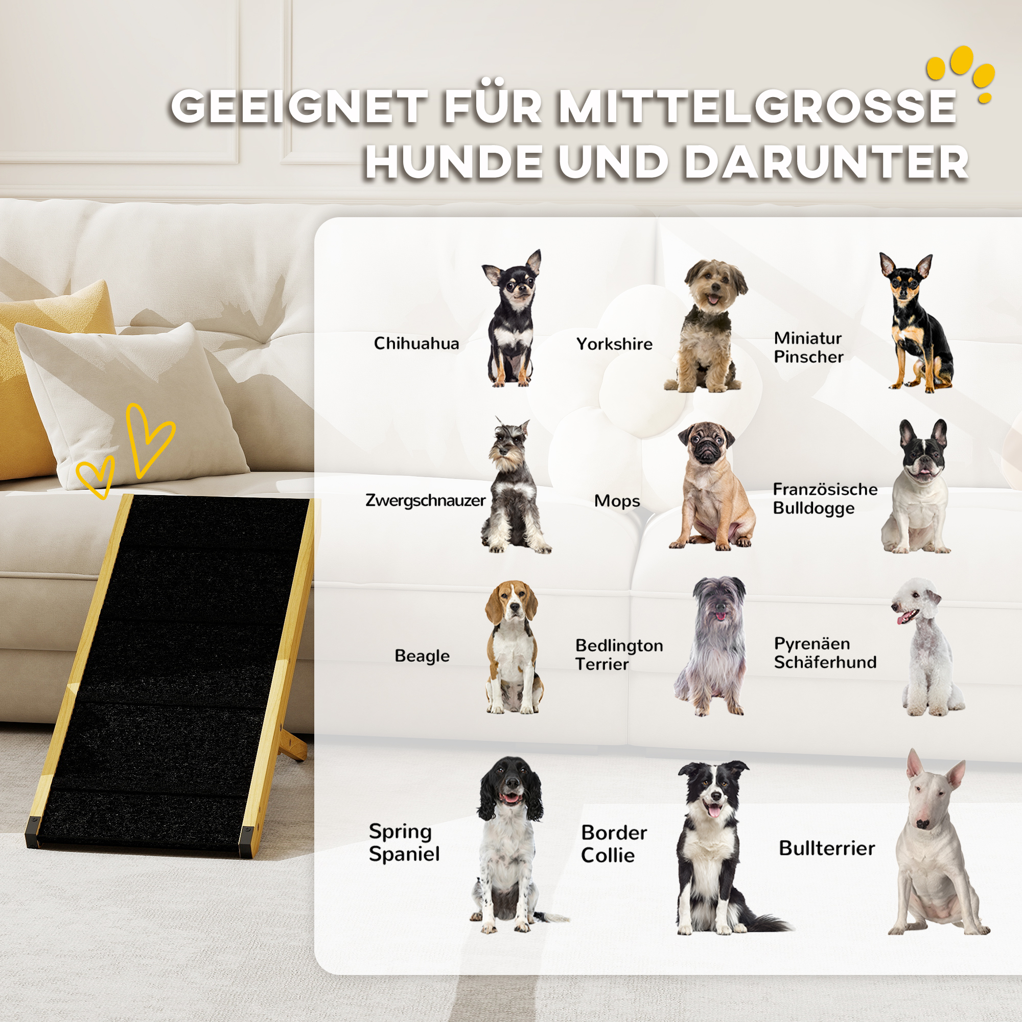 Haustierrampe, verstellbar, 4-stufig, rutschfest, Kiefernholz, faltbar, für Hunde bis 15 kg