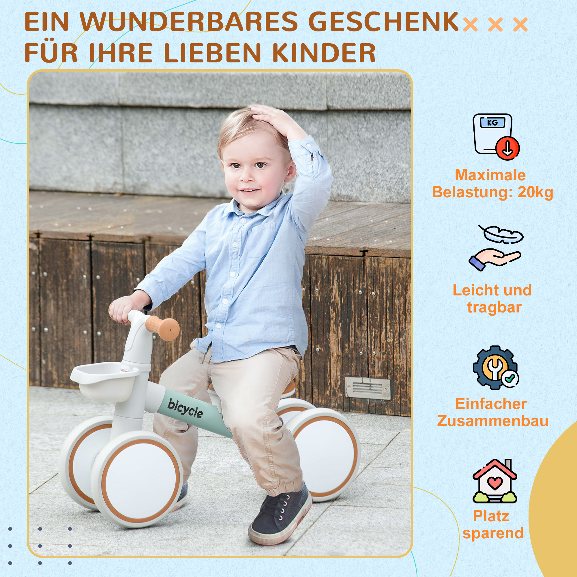 Laufrad, verstellbarer Sitz, Flüsterräder, für 1-3 Jahre, bis 20 kg, Grün/Weiß