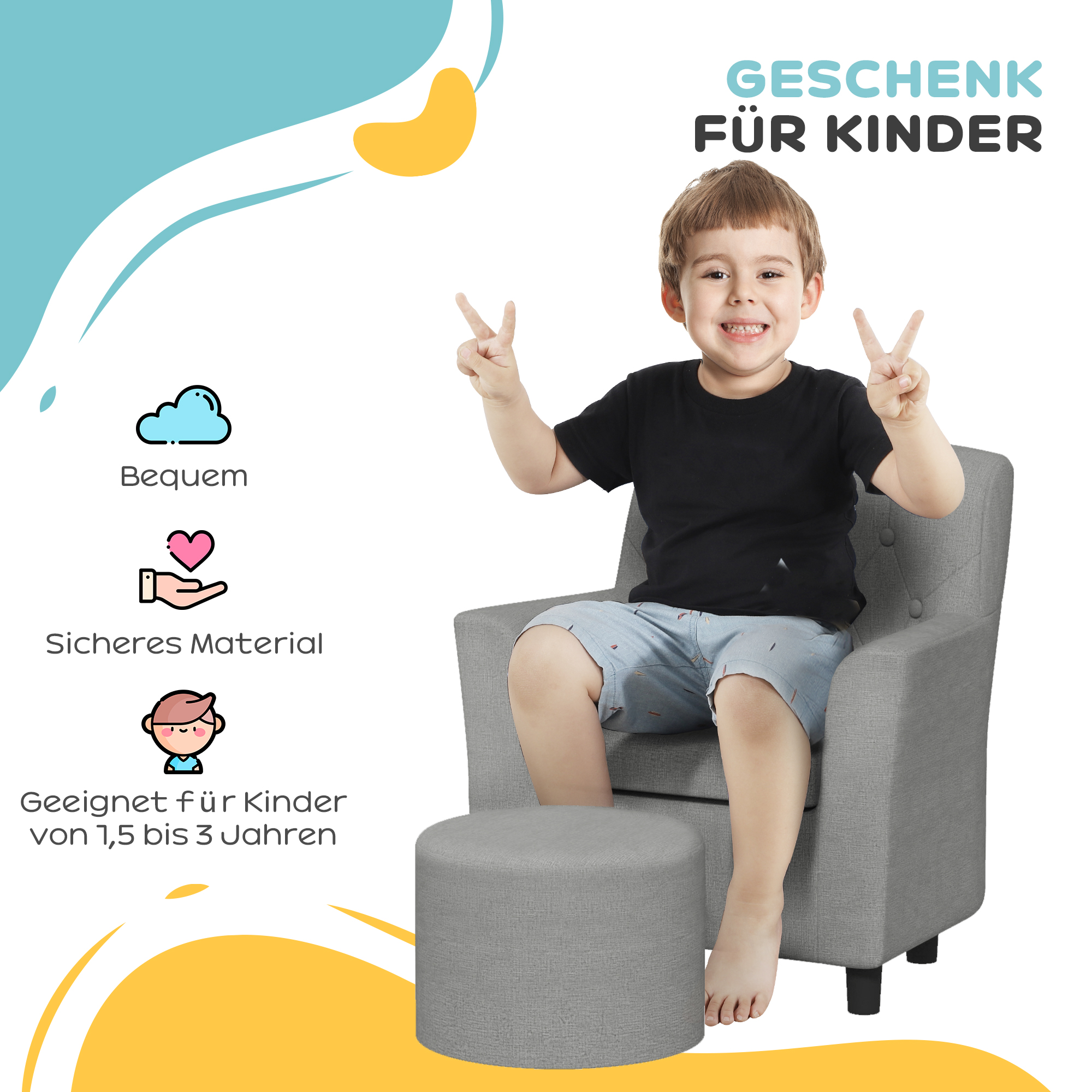 Kindersessel mit Hocker, Rückenlehne Diamantmuster, weiche Sitzfläche, Holzrahmen, Grau