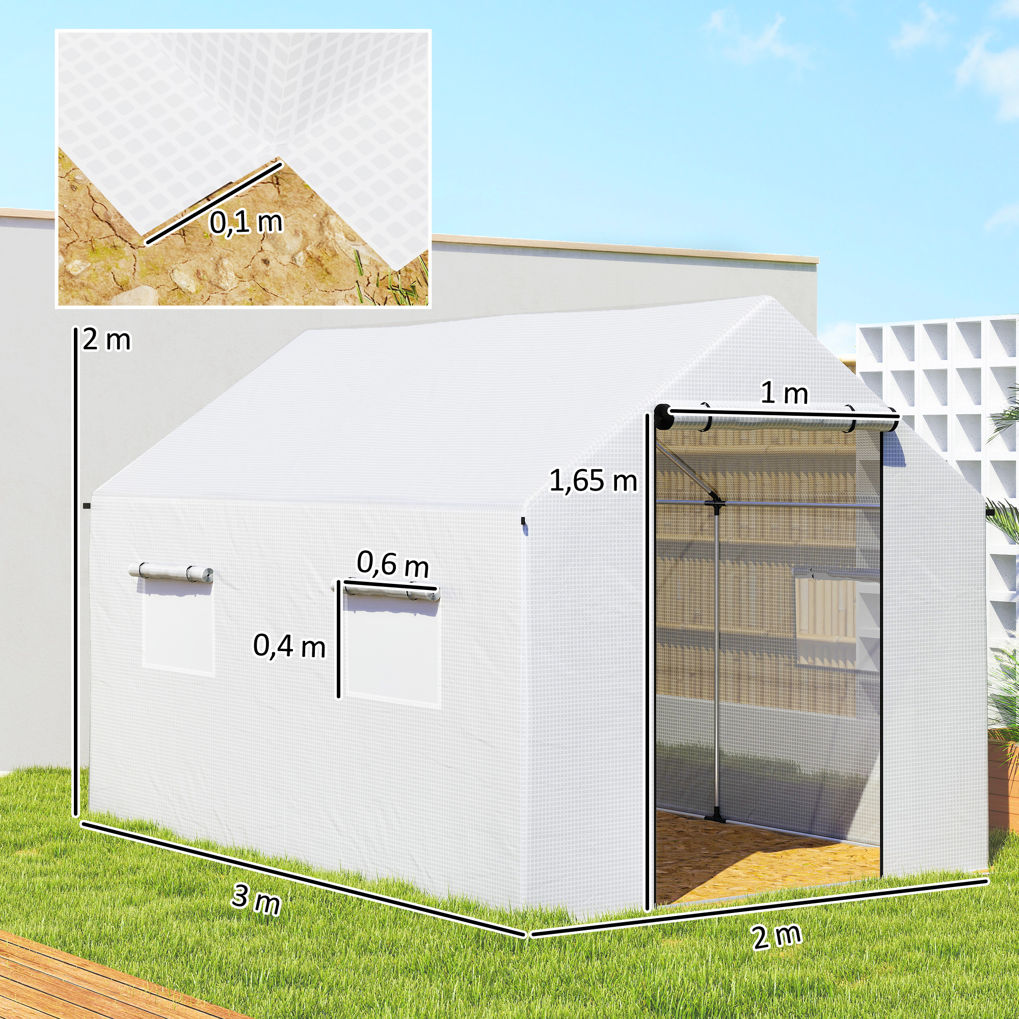 Gewächshaus, 3 x 2 x 2 m Foliengewächshaus mit 4 Mesh-Fenster, Reißverschlusstür, Moskitonetz UV-beständig