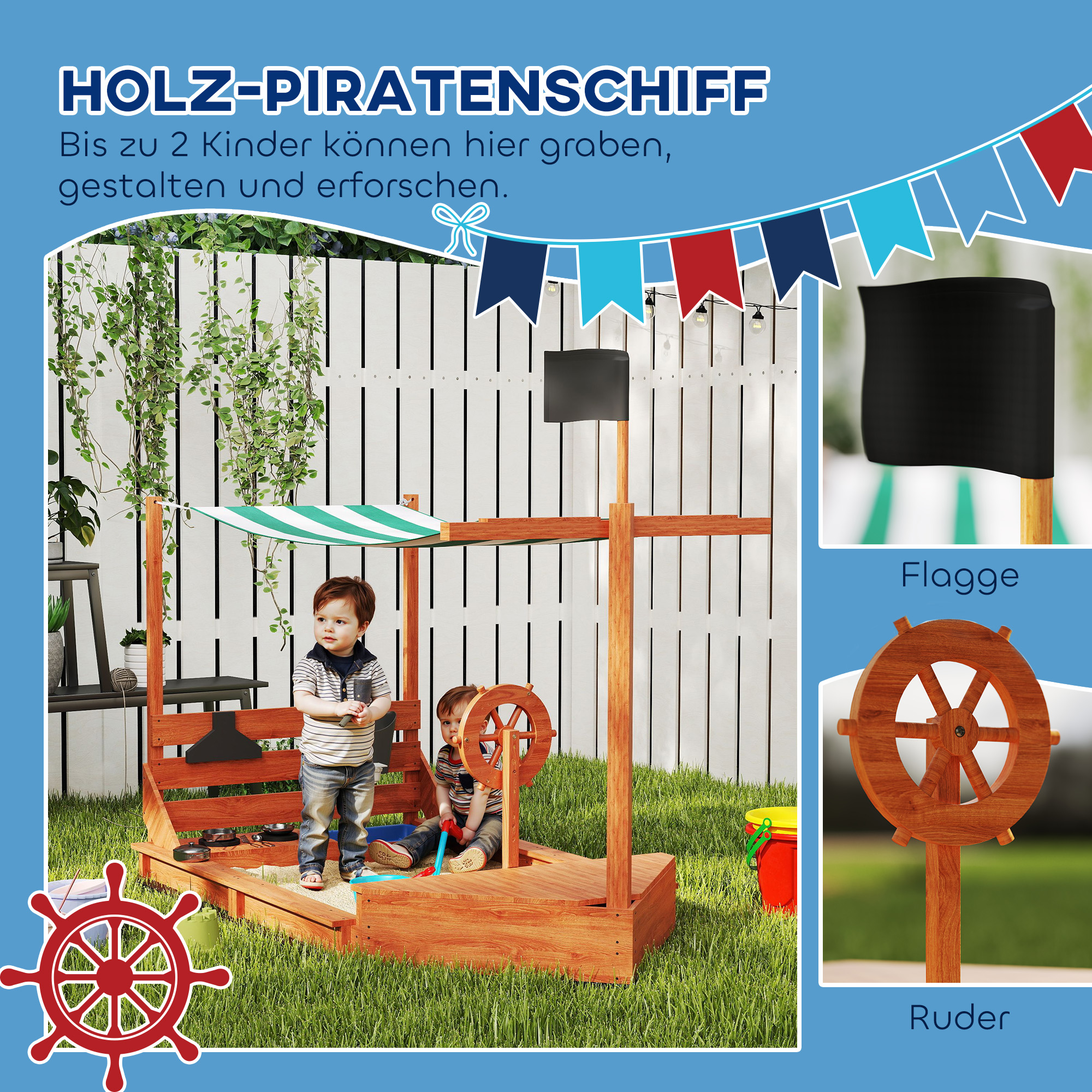 Sandkasten mit Sonnendach Piratenschiff, inkl. Kinderküchenspielset, Massivholz, 180 x 103 x 144,5 cm, Grün