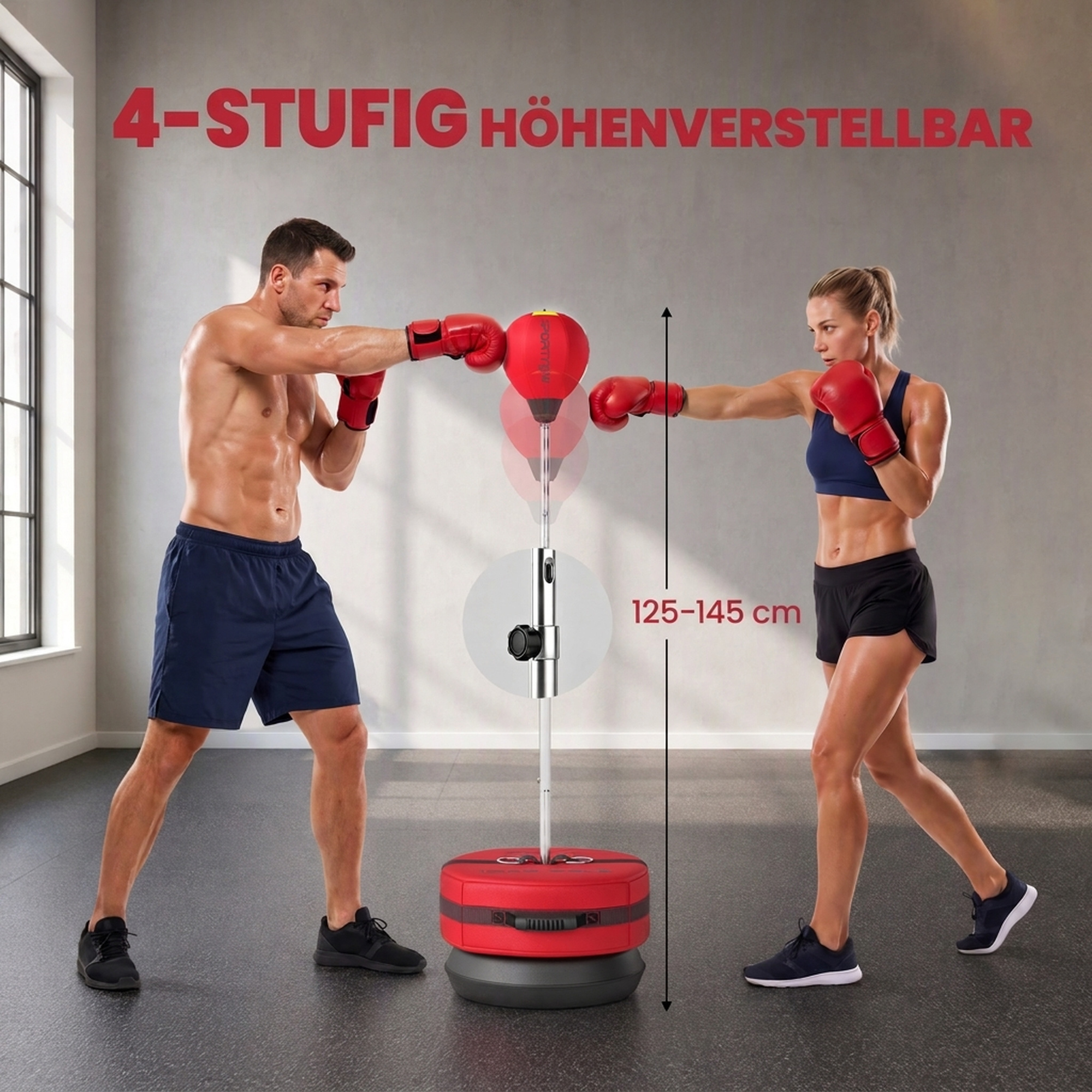Boxsack mit Standfuß, 125-145 cm höhenverstellbares Box-Set, freistehender Speedball mit Handschuhen und Luftpumpe