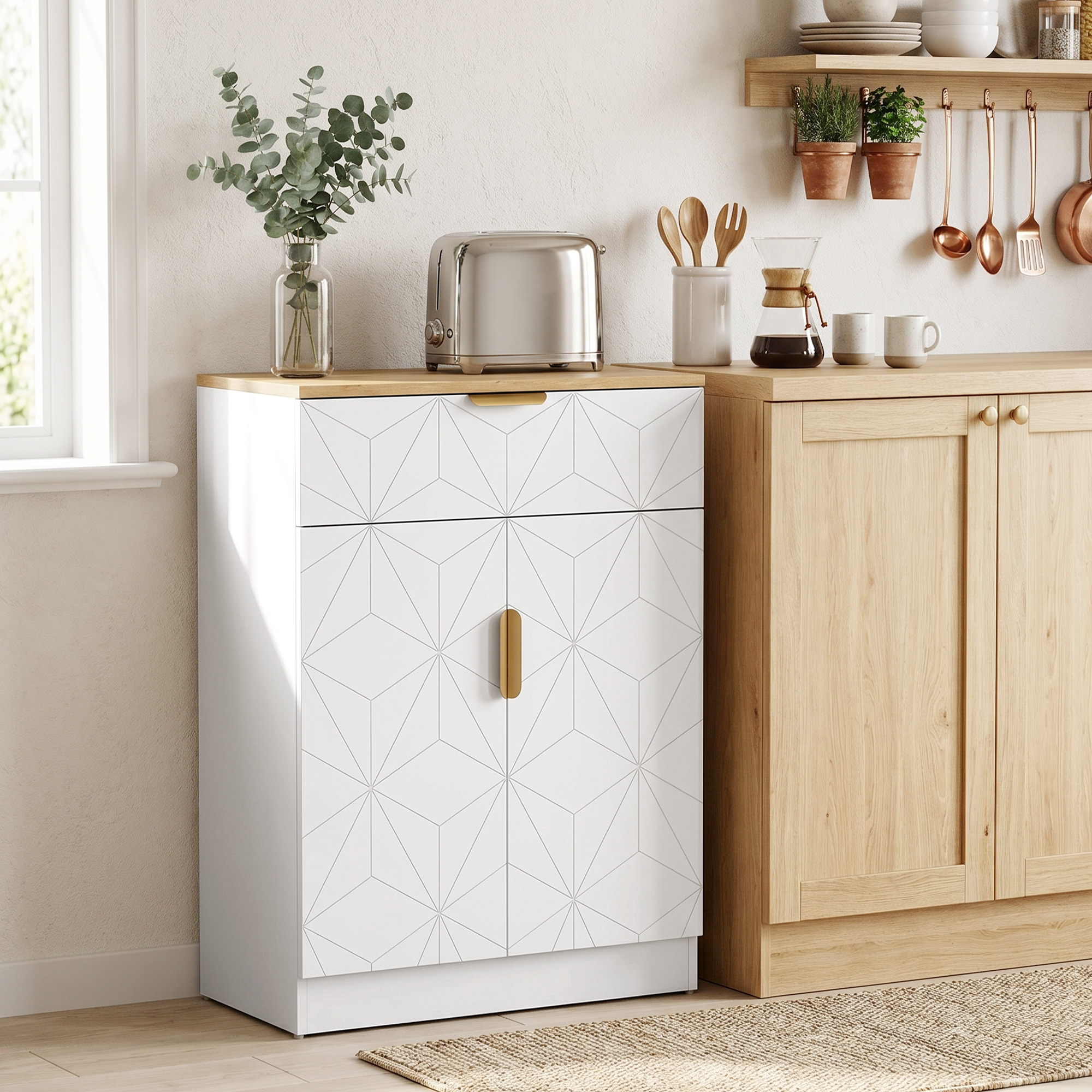 Modernes Sideboard, Aufbewahrungsschrank mit Schublade und verstellbarem Regal, Weiß