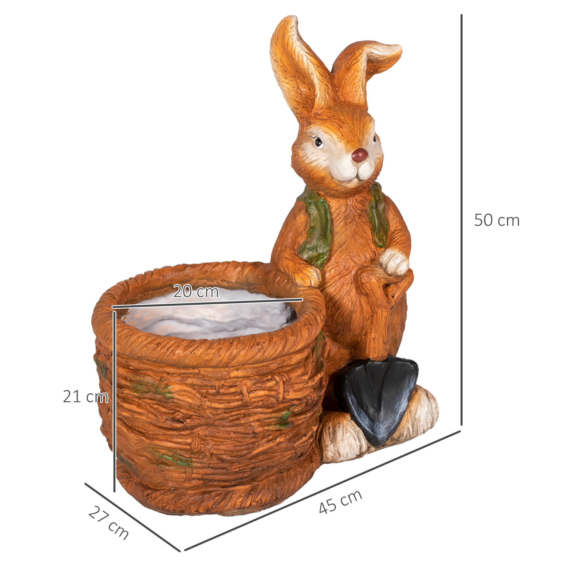Blumentopf, Hase mit Weidenkorb, wetterfest, 45x27x50cm, Braun