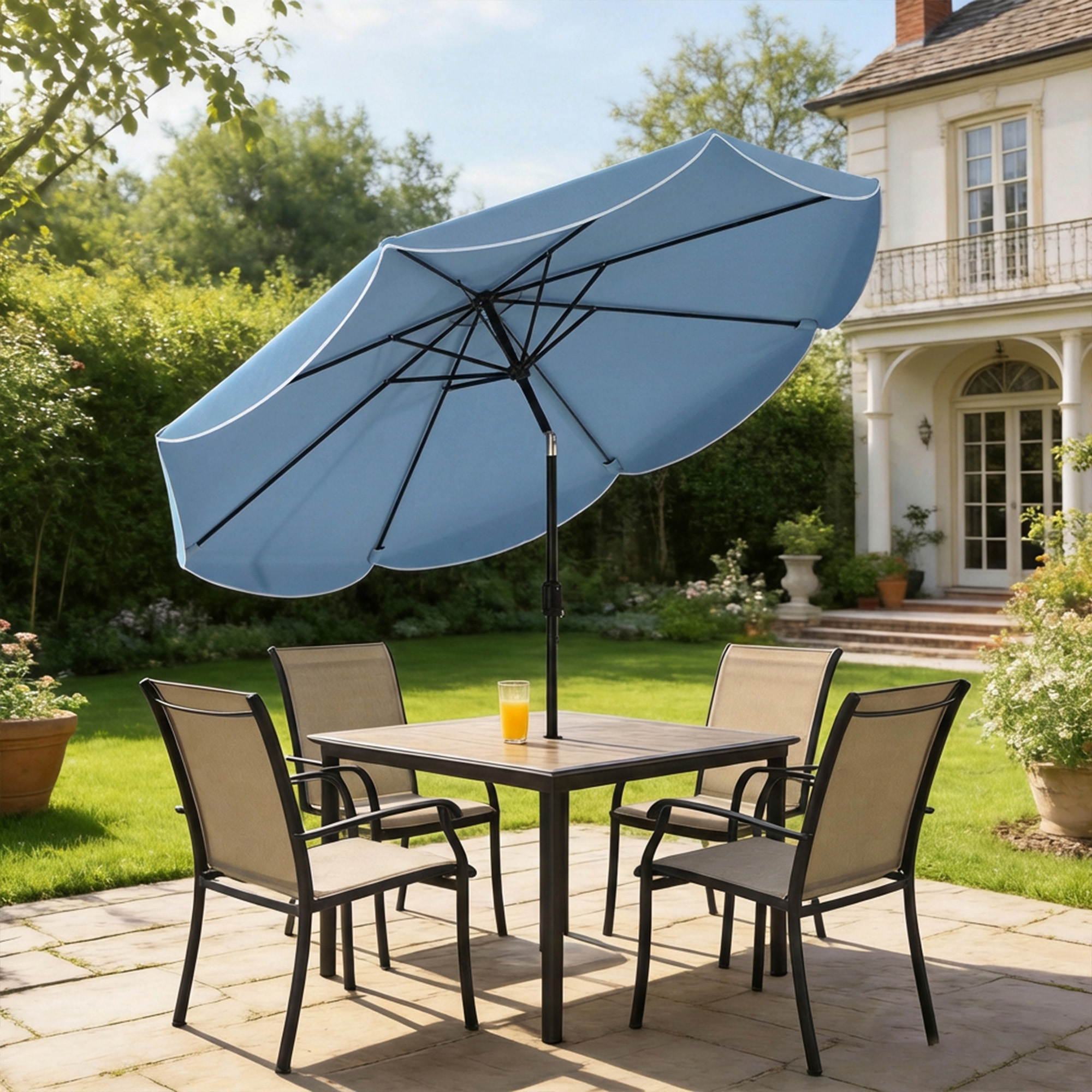 Sonnenschirm rund Balkonschirm Strandschirm mit 3-facher Neigung Kurbel 8 Streben Ø265 x 235H cm Himmelblau