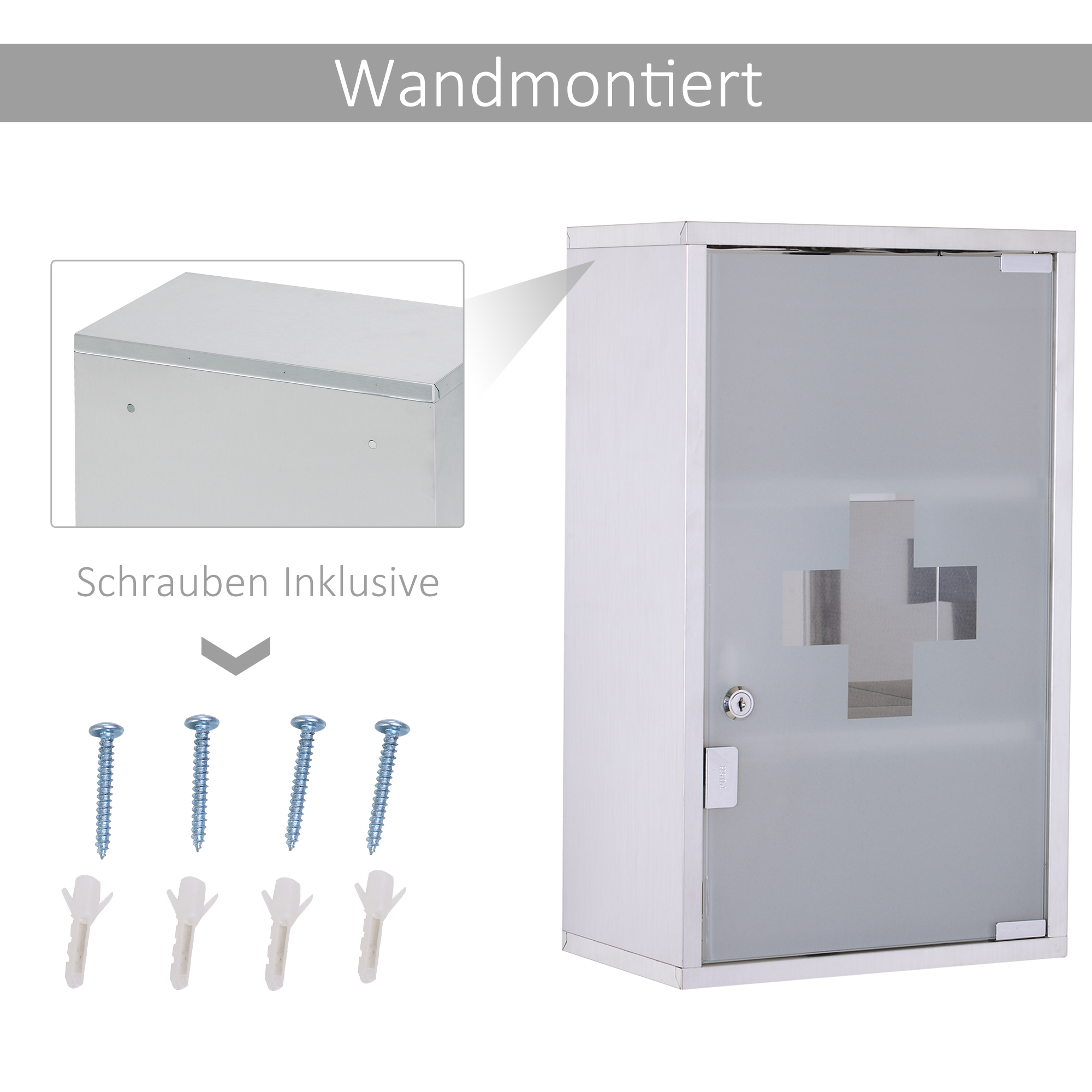Medizinschrank Arzneischrank aus Edelstahl, Abschließbar Medikamentenschrank mit 3 Fächern, Glastür Apothekerschrank zur Medikamenten-Aufbewahrung, 30 x 18 x 50 cm