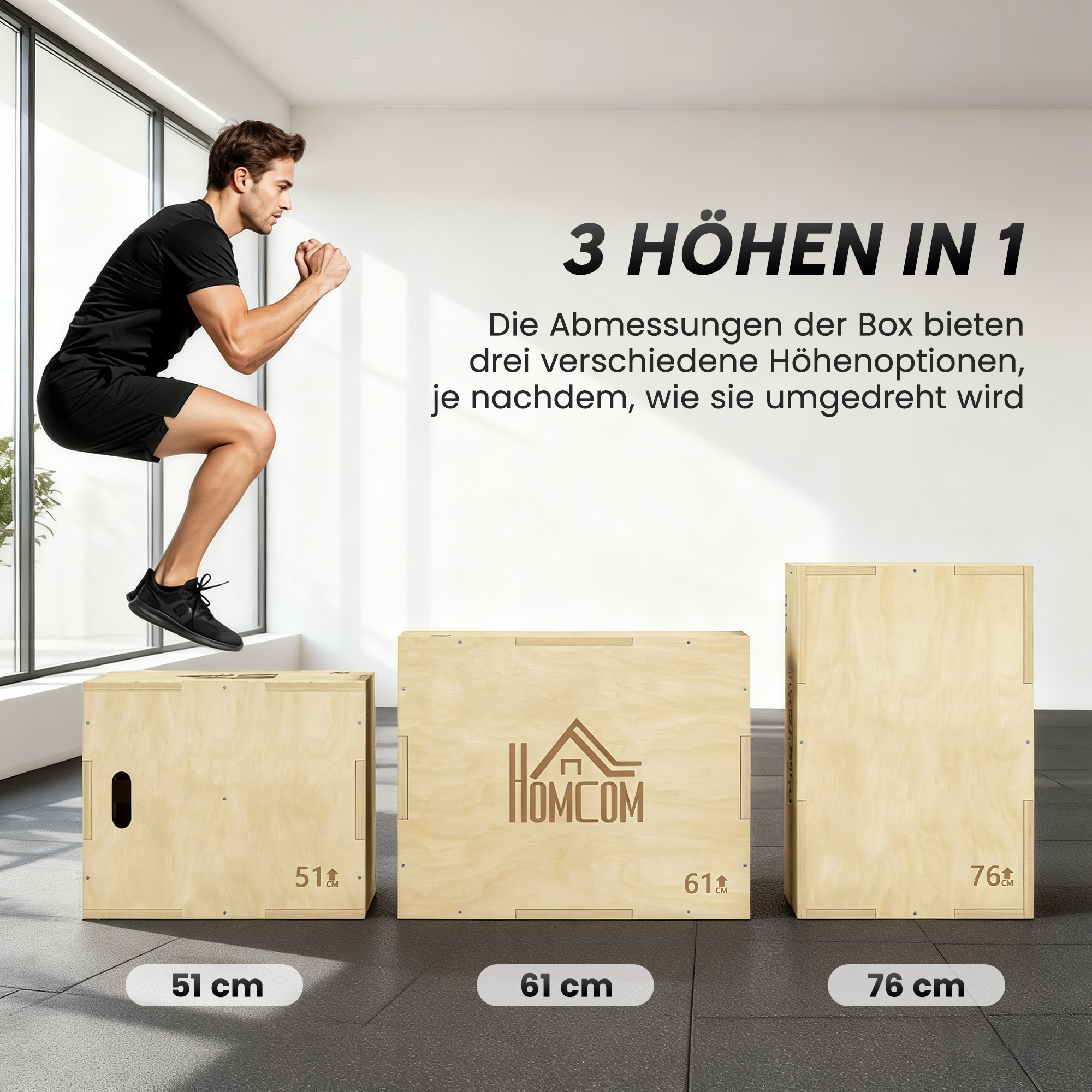 3-in-1 Plyo Box Holz Plyometrische Sprungbox mit 3 Sprunghöhen Griffen 61 x 51 x 76 cm Naturholz