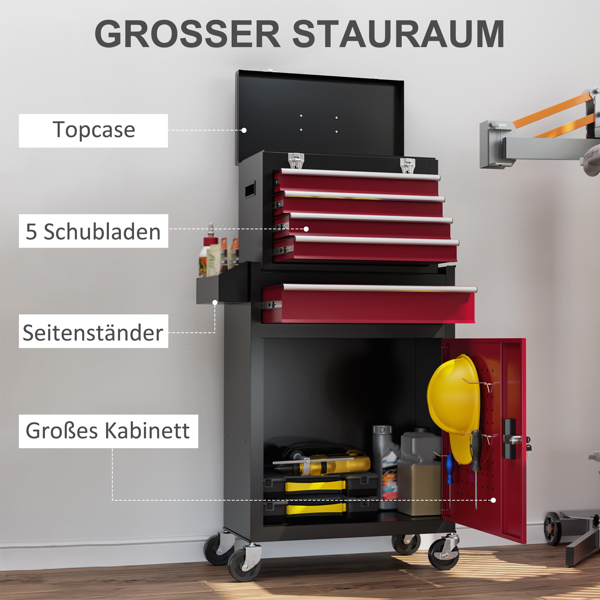 Rollbarer Werkzeugschrank, Stabiler Schrank mit oberer Werkzeugkiste und Schubladen, abschließbar, Metall, Schwarz+Rot