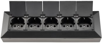 5-fach Steckdosenblock, schwarz, 250V~/ 16A, Aufbaumontage mit Klappen