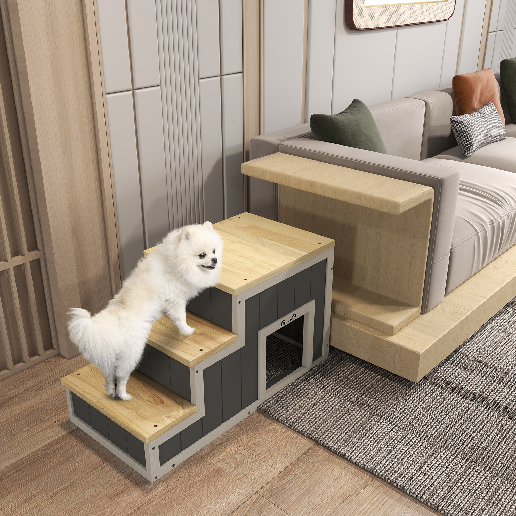 Haustiertreppe Hundetreppe, 3 Stufen, Kiefernholz, 79 cm x 38,5 cm x 45 cm, Natur + Weiß