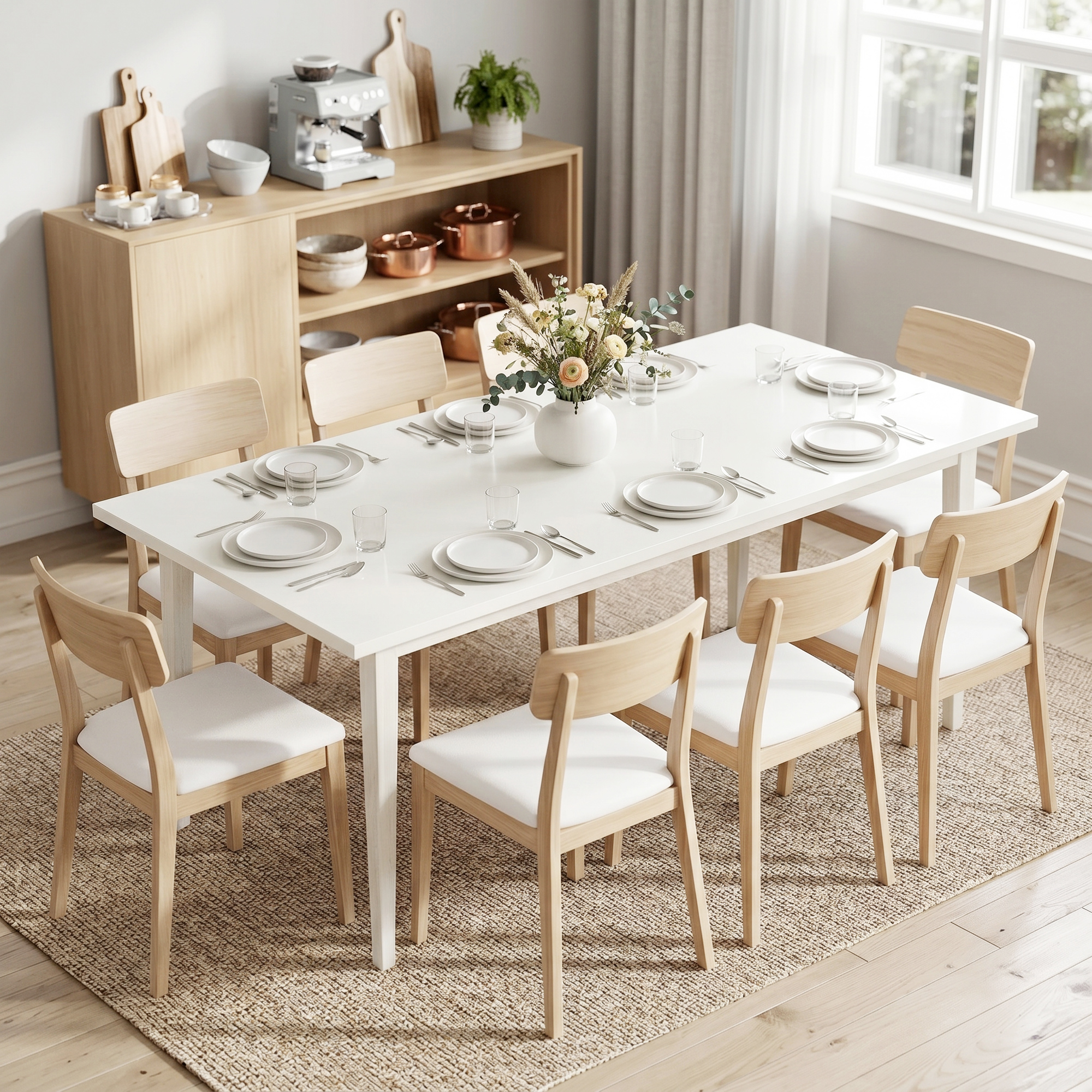 Esstisch für 8 Personen, Moderner Küchentisch mit Massivholzbeinen, 180 cm, Creme