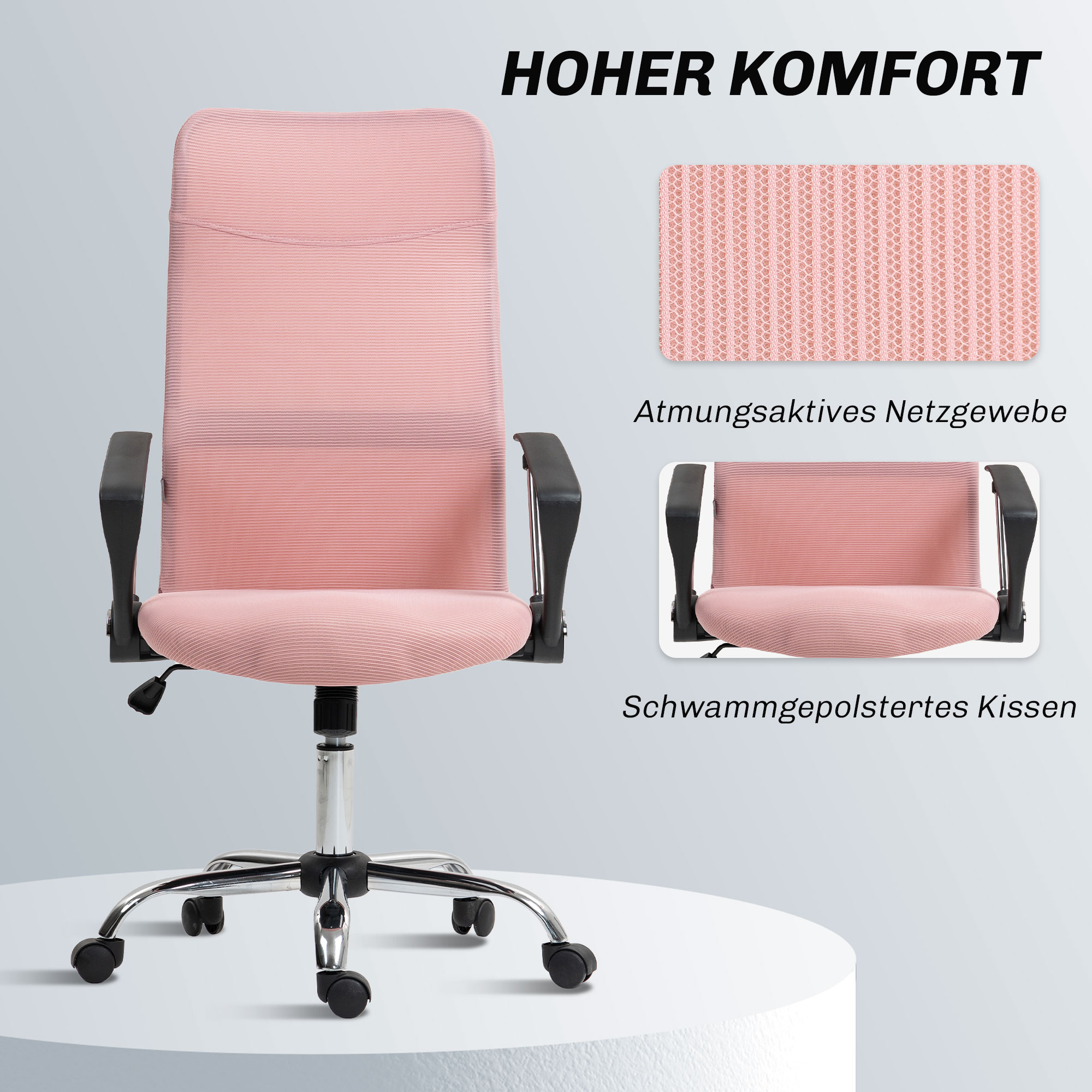ergonomischer Bürostuhl, höhenverstellbarer Drehstuhl mit Wippfunktion, Netzbespannung, 63 x 65 x 109-119 cm Rosa