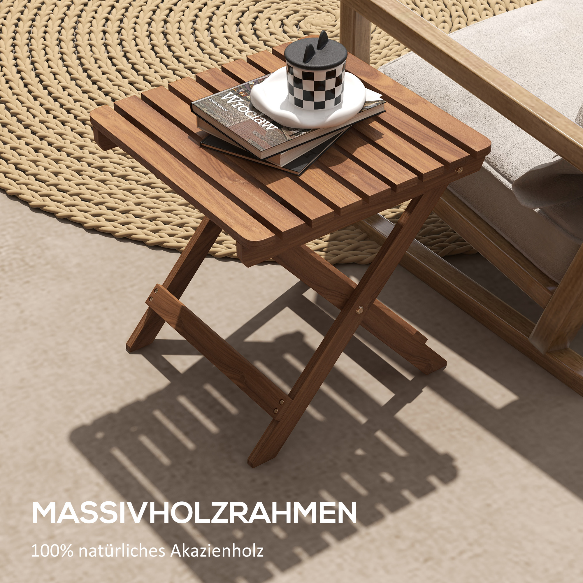 Terrassentisch-Set, 2 Klapptische aus Akazienholz, 45x45x45cm, Teak