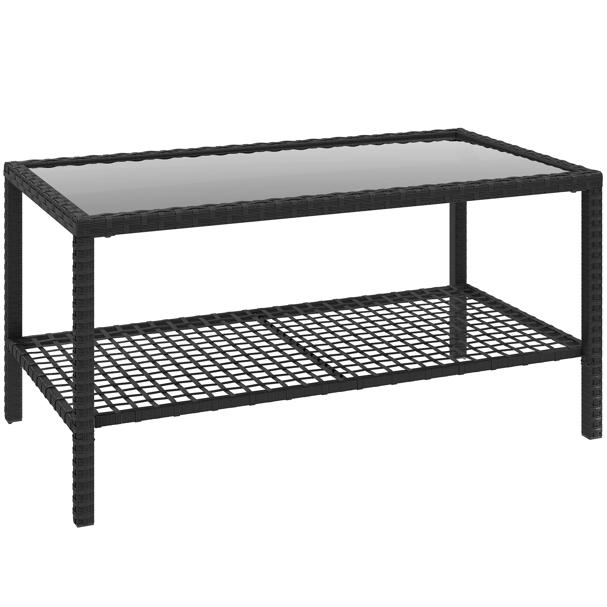 Rattan-Couchtisch, zweistufiger Outdoor-Tisch mit Ablagefach, gehärteter Glasplatte und Stahlrahmen, Schwarz
