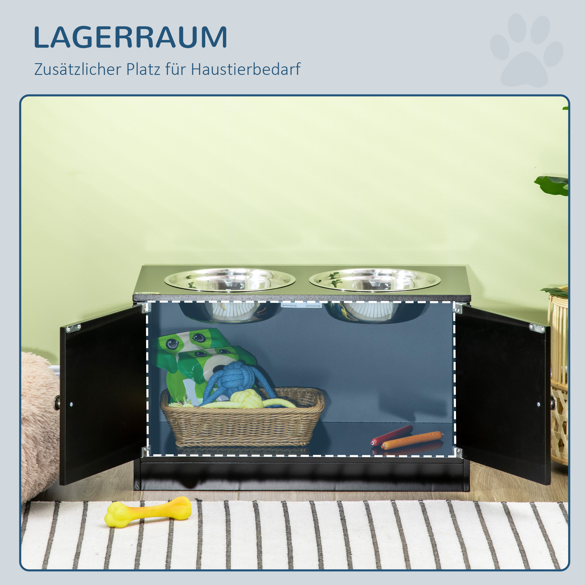 erhöhte Futterstation mit 2 Edelstahlschüsseln und 44 L Stauraum, Magnettüren, für große Hunde, Schwarz