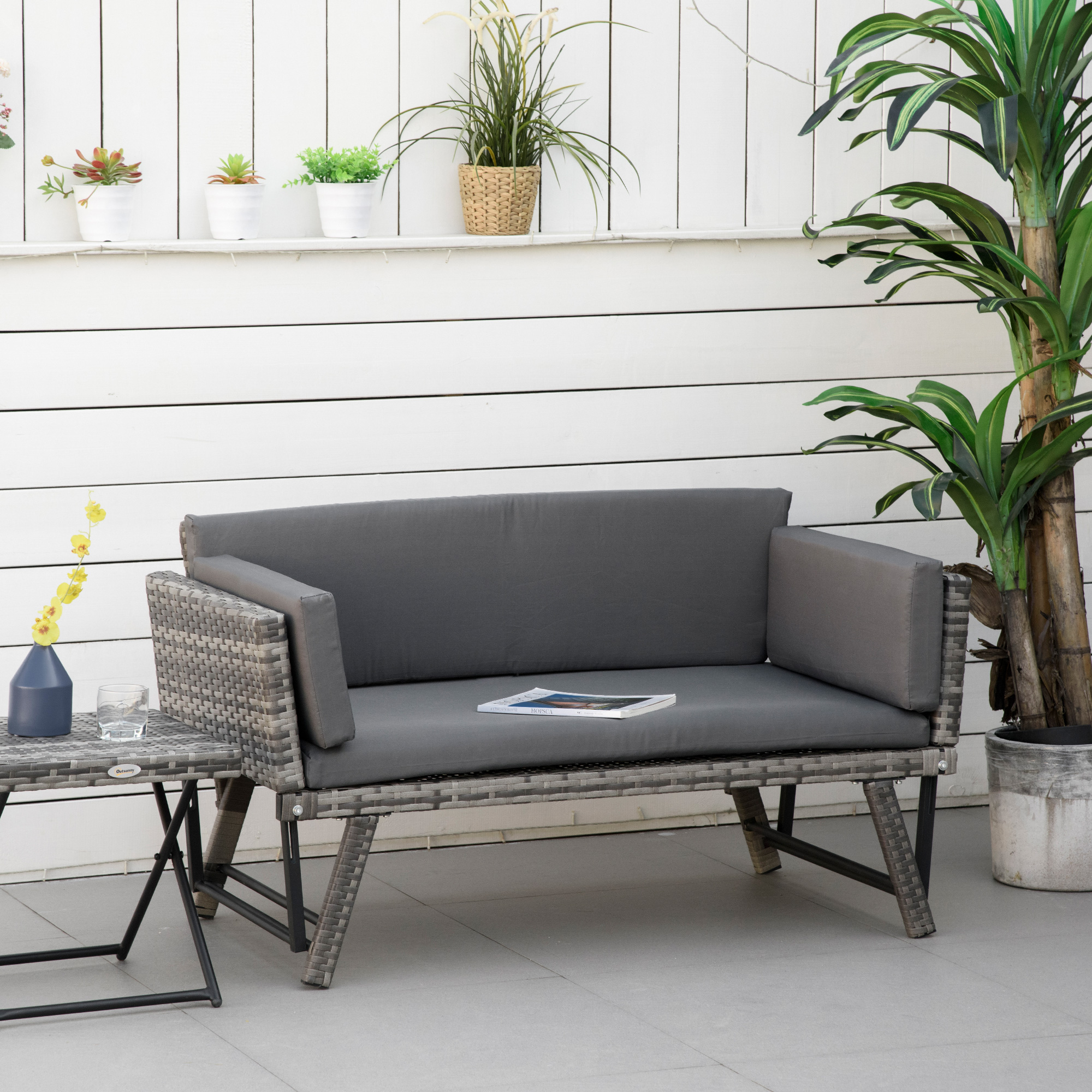 Polyrattan Gartensofa 2 Sitzer Gartenmöbel Loungesofa Gartenbank Gartenliege klappbar Armlehnen Stahl Grau 129 x 63 x 67 cm