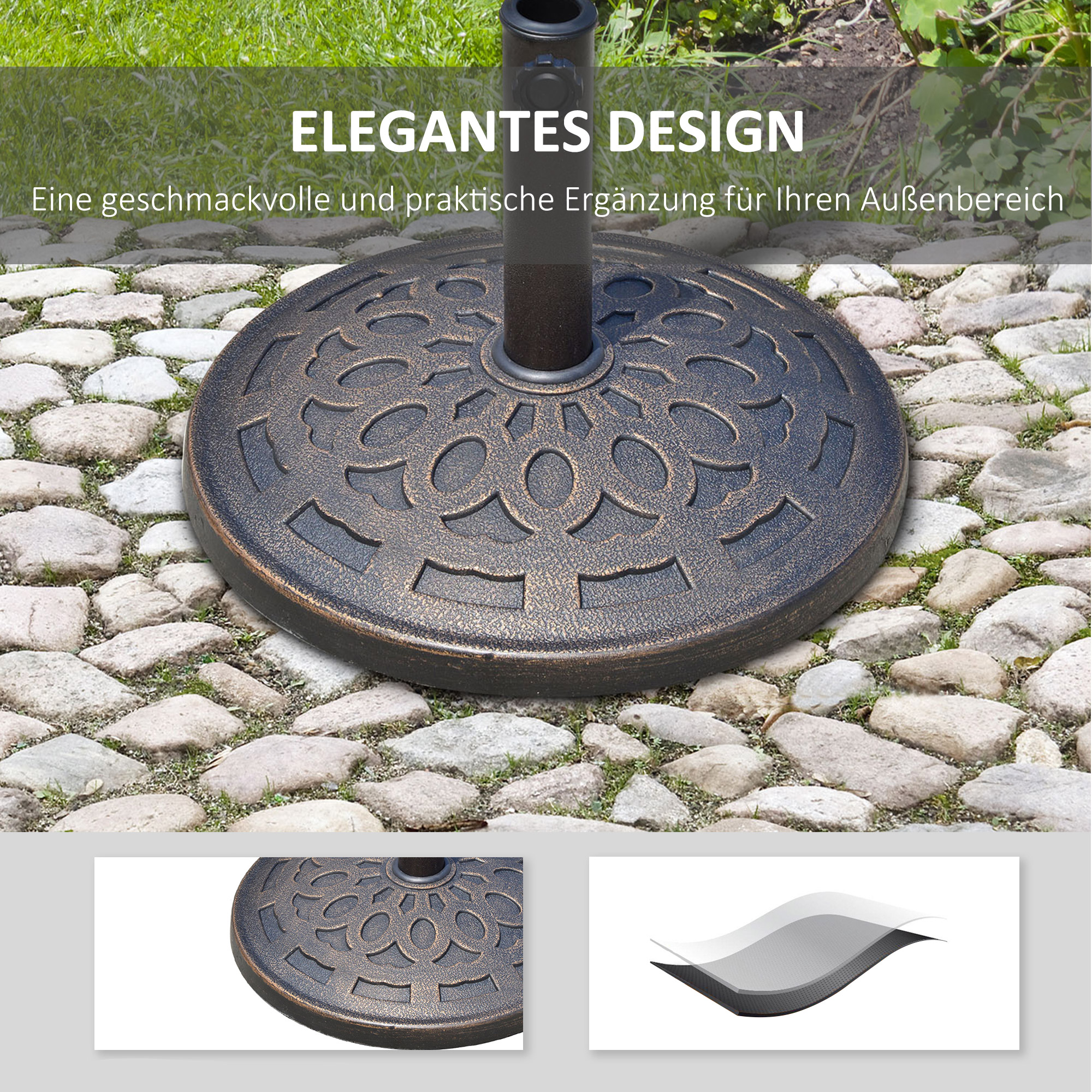 Sonnenschirmständer aus Harz 14kg Schirmständer Griffe, Rund Schirmhalter, Schirmgewicht für Sonnenschirm 38mm/48mm Rohrdurchmesser, für Balkon, Terasse, Garten, Bronze