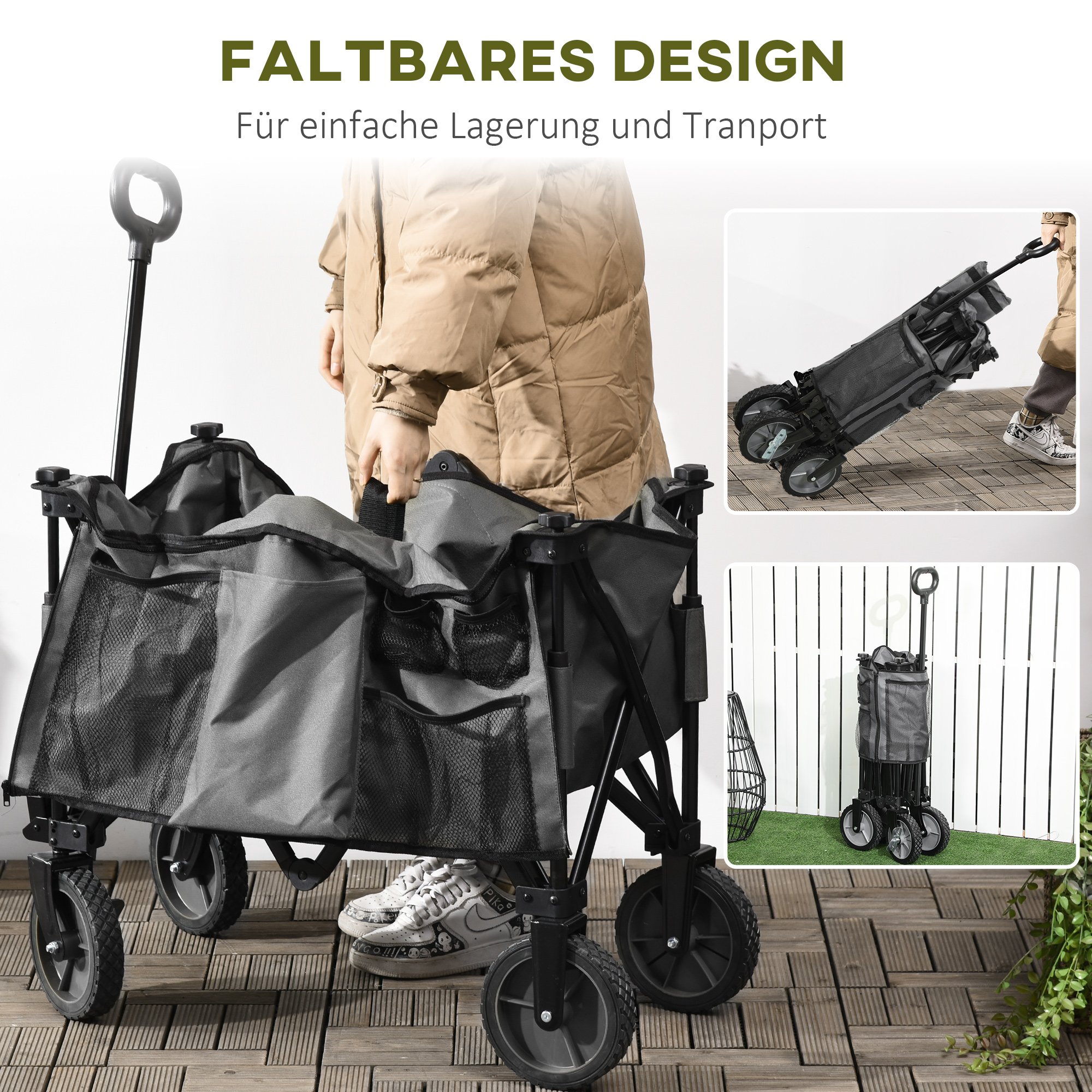 Bollerwagen, klappbar, 5 Seitentaschen, verstellbarer Griff, bis 120 kg, Stahl, dunkelgrau, 100 x 55 x 93 cm