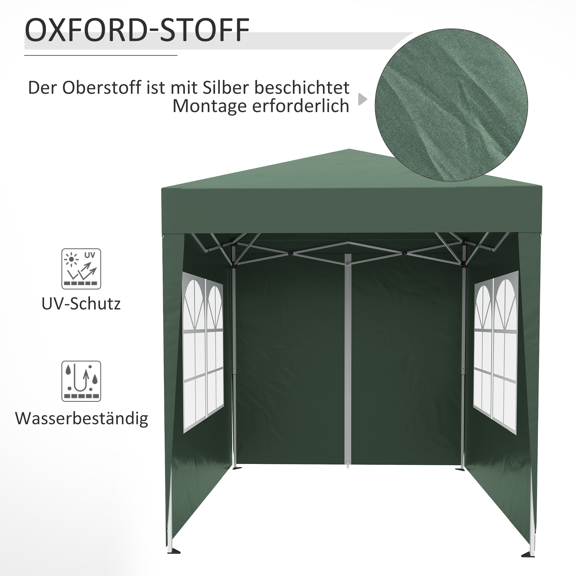 Faltpavillon, Bierzelt, 4 abnehmbare Seitenwände, 2 Fenster, Metallrahmen, 2 x 2m, Dunkelgrün