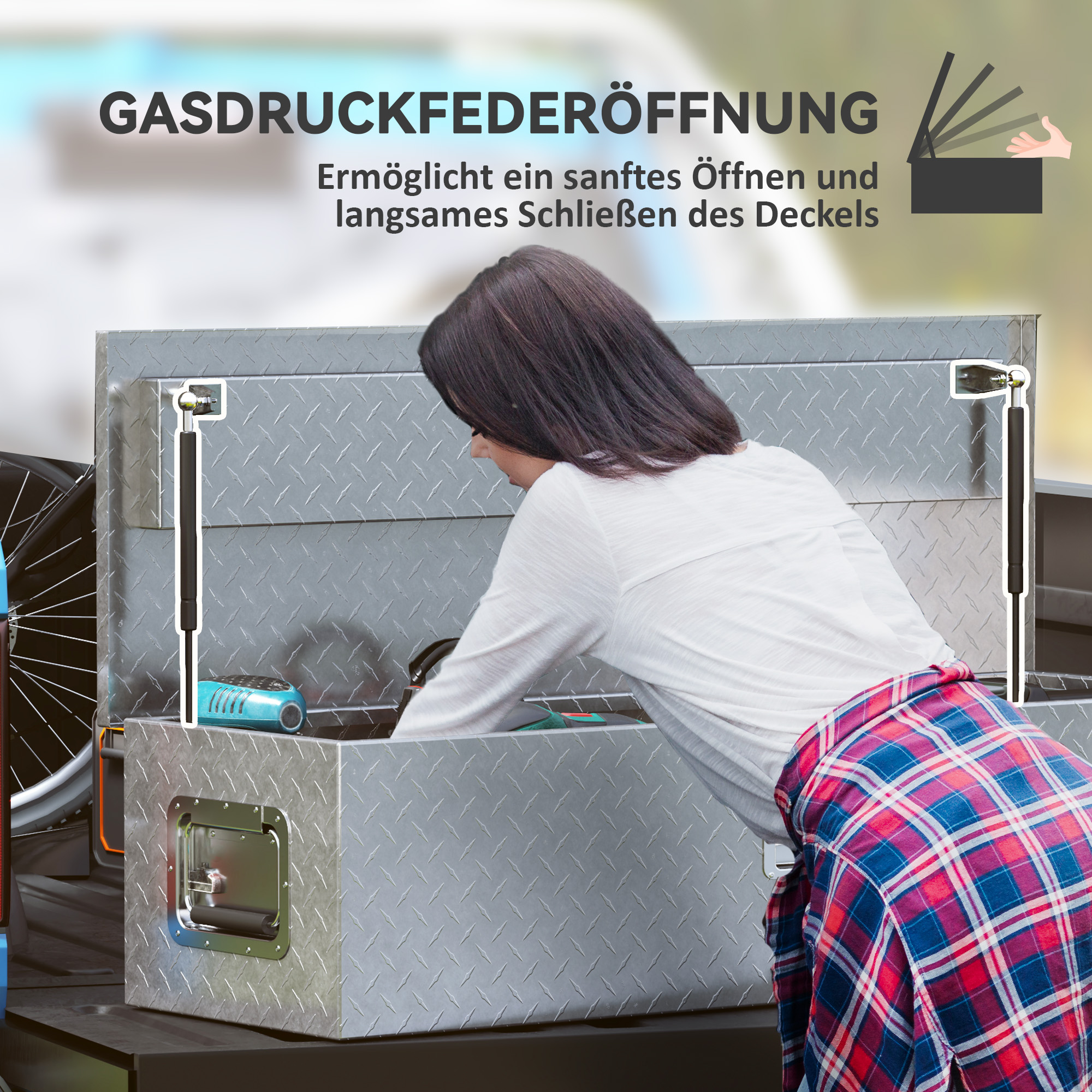 Stabile Aufbewahrungskiste aus Aluminium mit Seitengriffen, Schloss und Schlüsseln, Werkzeugkasten, 99 x 33 x 25,5 cm