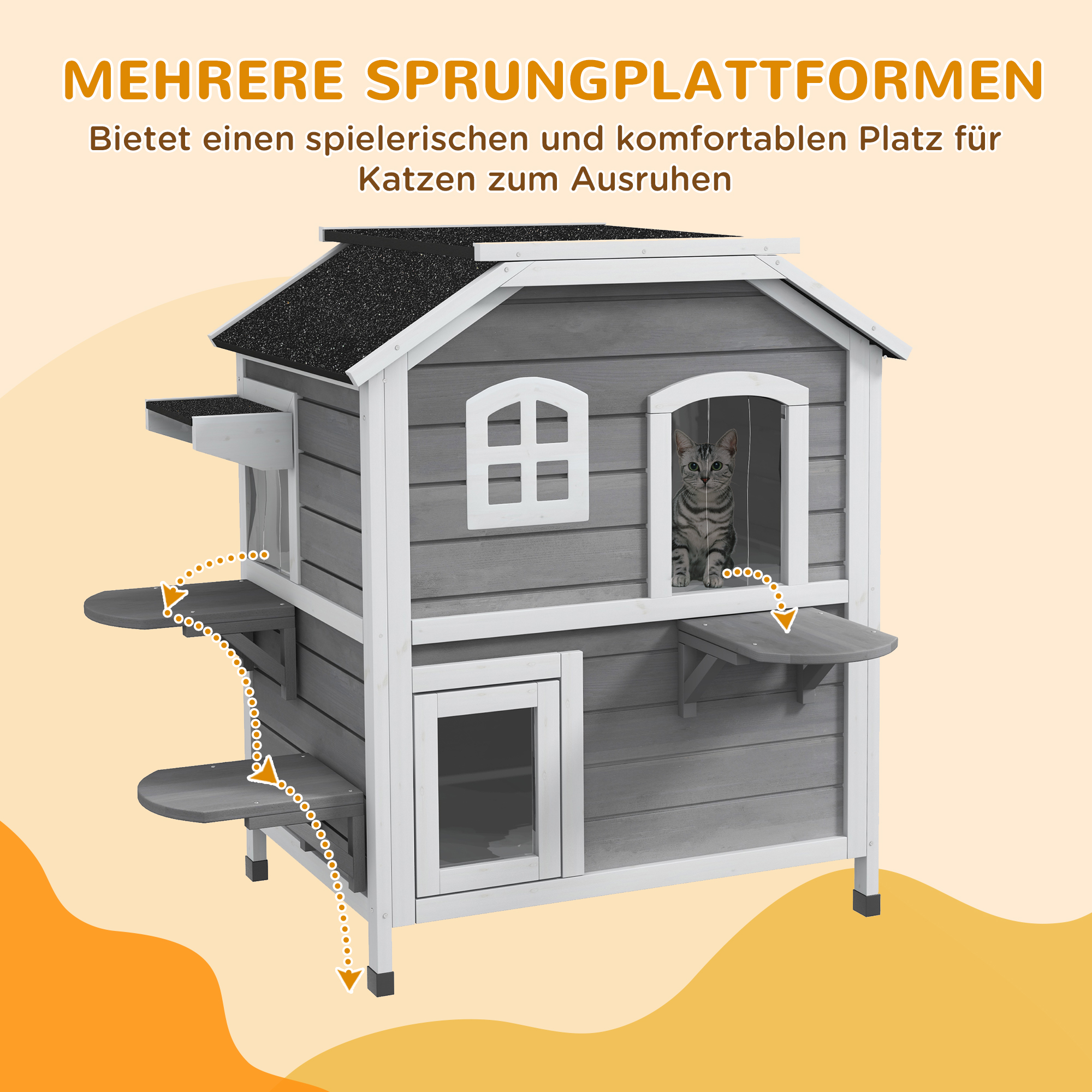 Katzenhaus aus Holz 2-Etagen Winterfest wasserdicht Katzenhütte mit Asphaltdach klappbarem Deckel Treppe Katzenhöhle Outdoor Schutzhütte für Draußen Garten Balkon 99,5 x 76 x 91 cm Grau