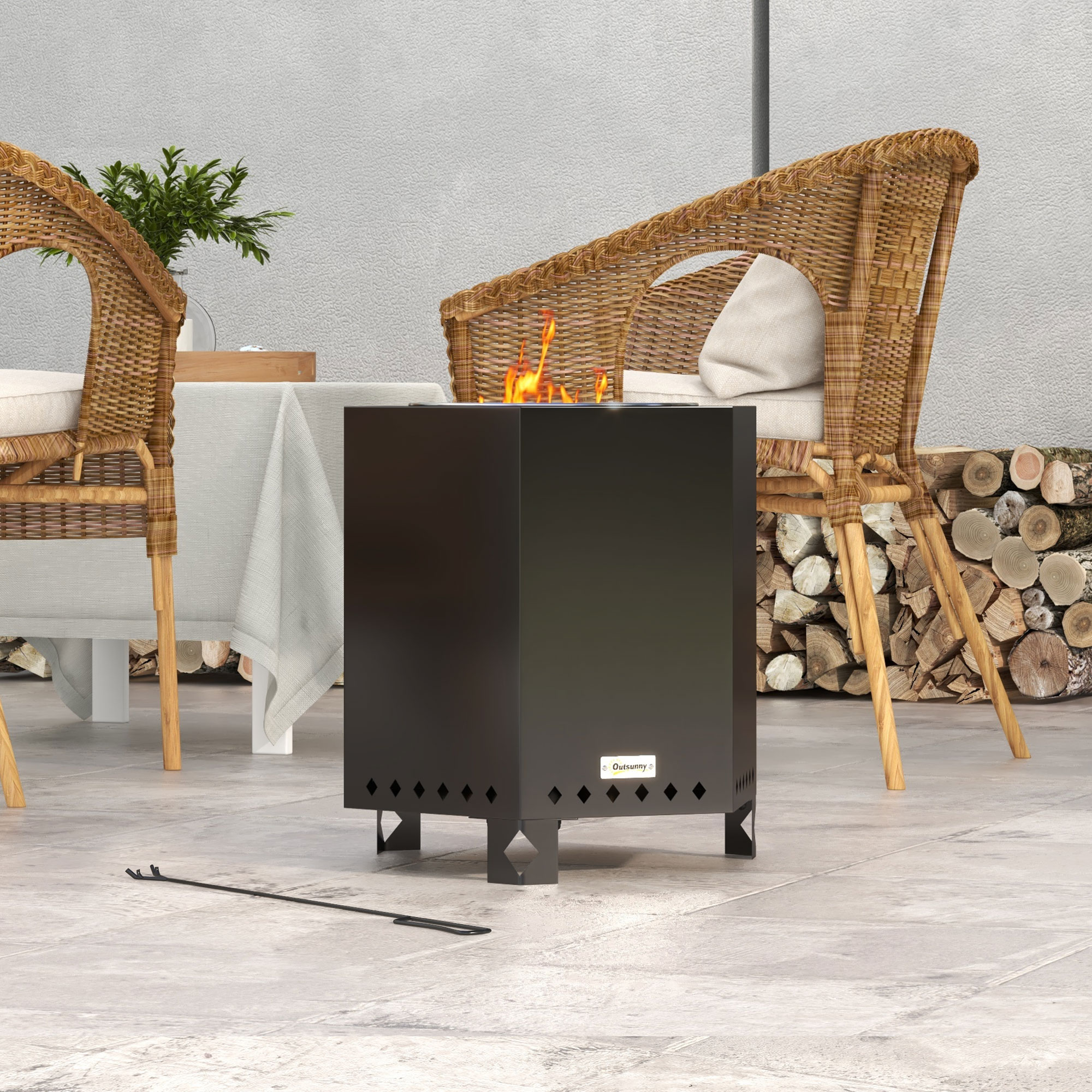 Feuerschale Feuerstelle Feuertonne, inkl, Schürhaken, 45 x 38,8  x 46,5 cm, Silber + Schwarz