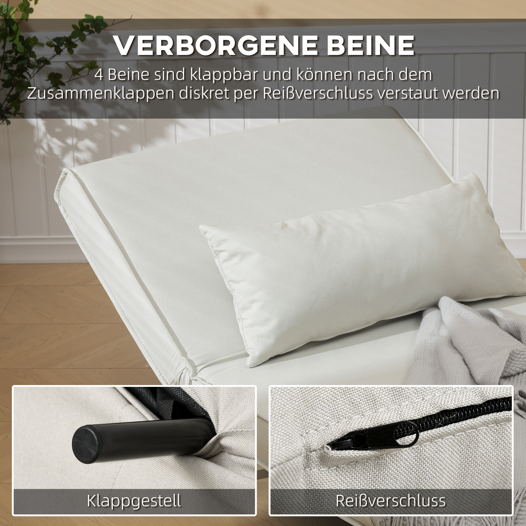 Einzelsofa Schlafsofa Sofabett Klappsofa verstellbar Rückenlehne Liege nordisch skandinavisch 25D Schaumstoff Haus Leinenimitat Kautschukholz Cremeweiß 94 x 78 x 80 cm