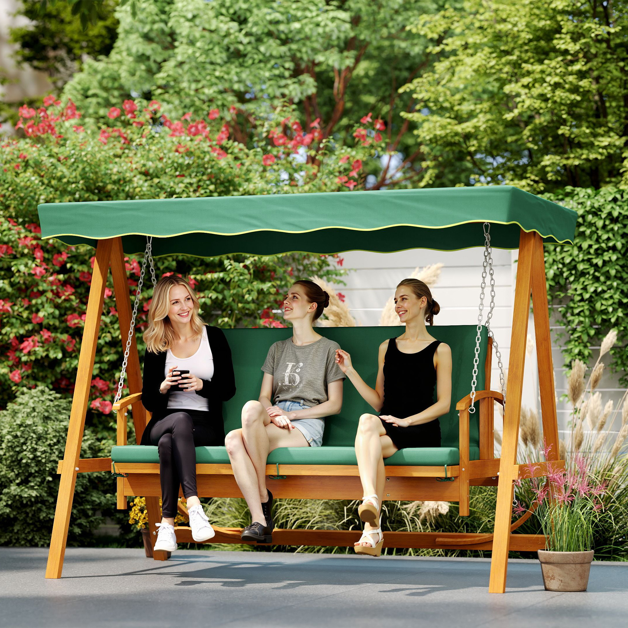 Hollywoodschaukel mit Sonnendach, Echtholz-Gartenschaukel, Schaukelbank mit Liege-Funktion, für 3 Personen, Dunkelgrün