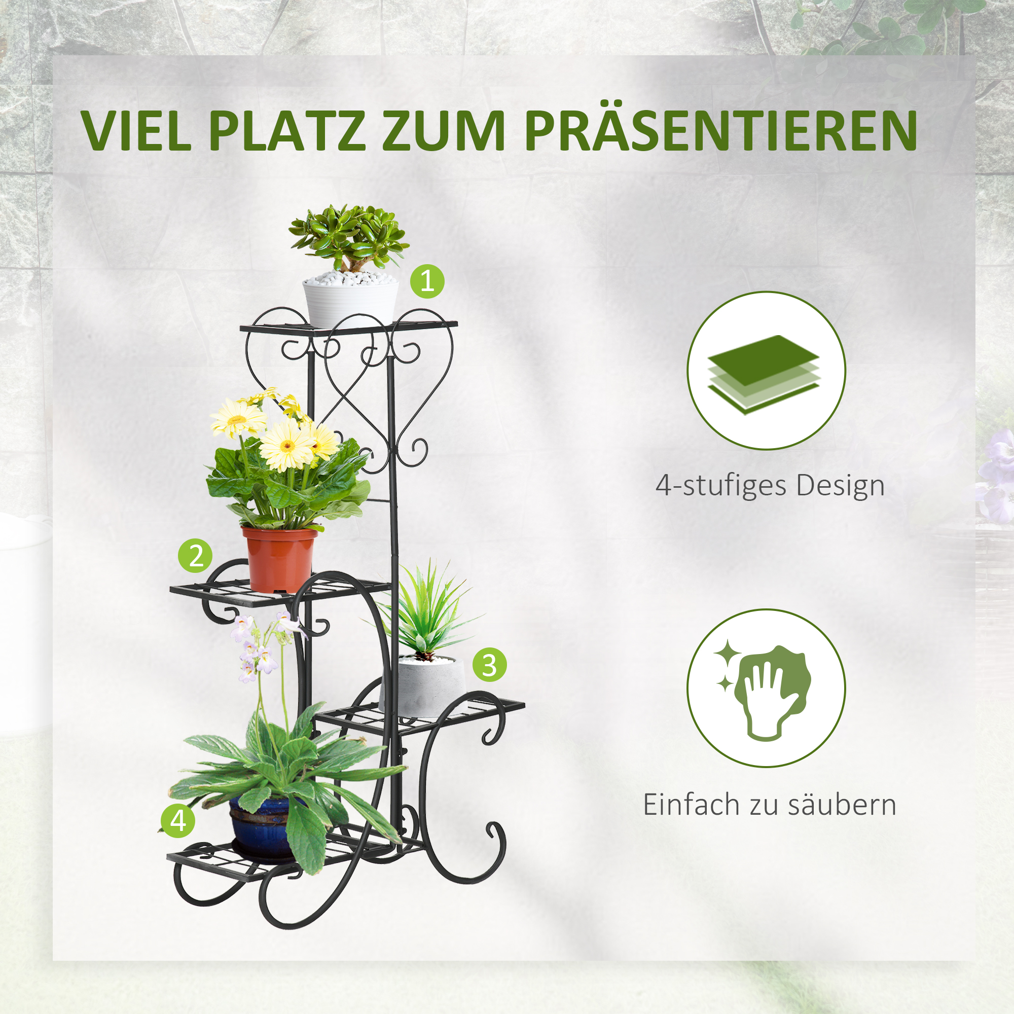 Blumenständer Blumenregal aus Metall 4 Ebenen Pflanzenregal Blumentreppe Blumenständer für innen und außen Garten Balkon Schwarz 45 x 24,5 x 80 cm