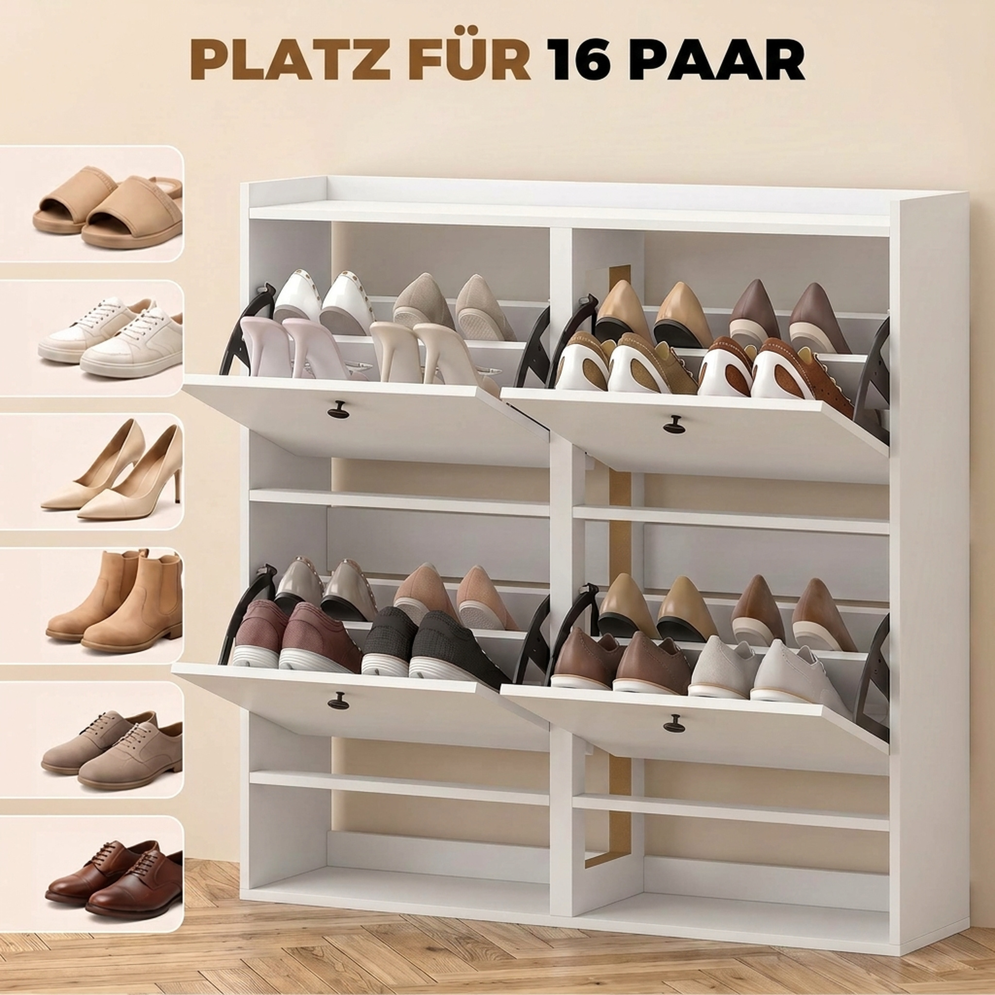 Schuhschrank mit 4 Klappfächern, verstellbaren Trennwänden, offenem Regal und oberer Ablage, Weiß