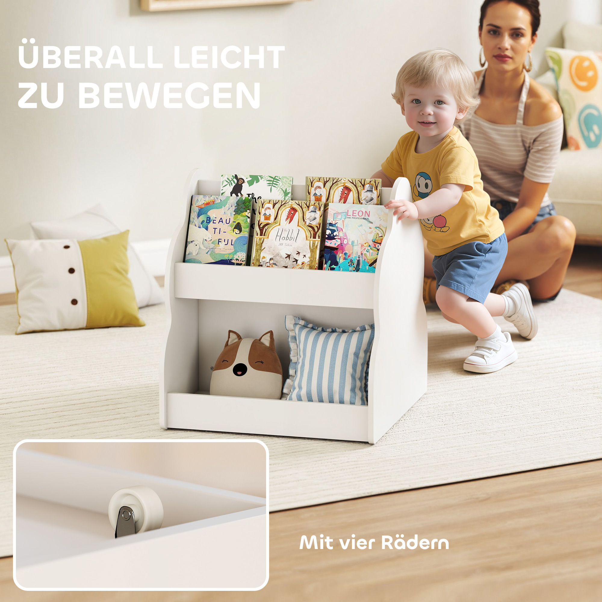 Kinderregal, 2-stöckiges Kinder-Bücherregal mit Rädern, 4 Regalen, für Kinderzimmer, Spielzimmer, 54x50x56 cm, Weiß