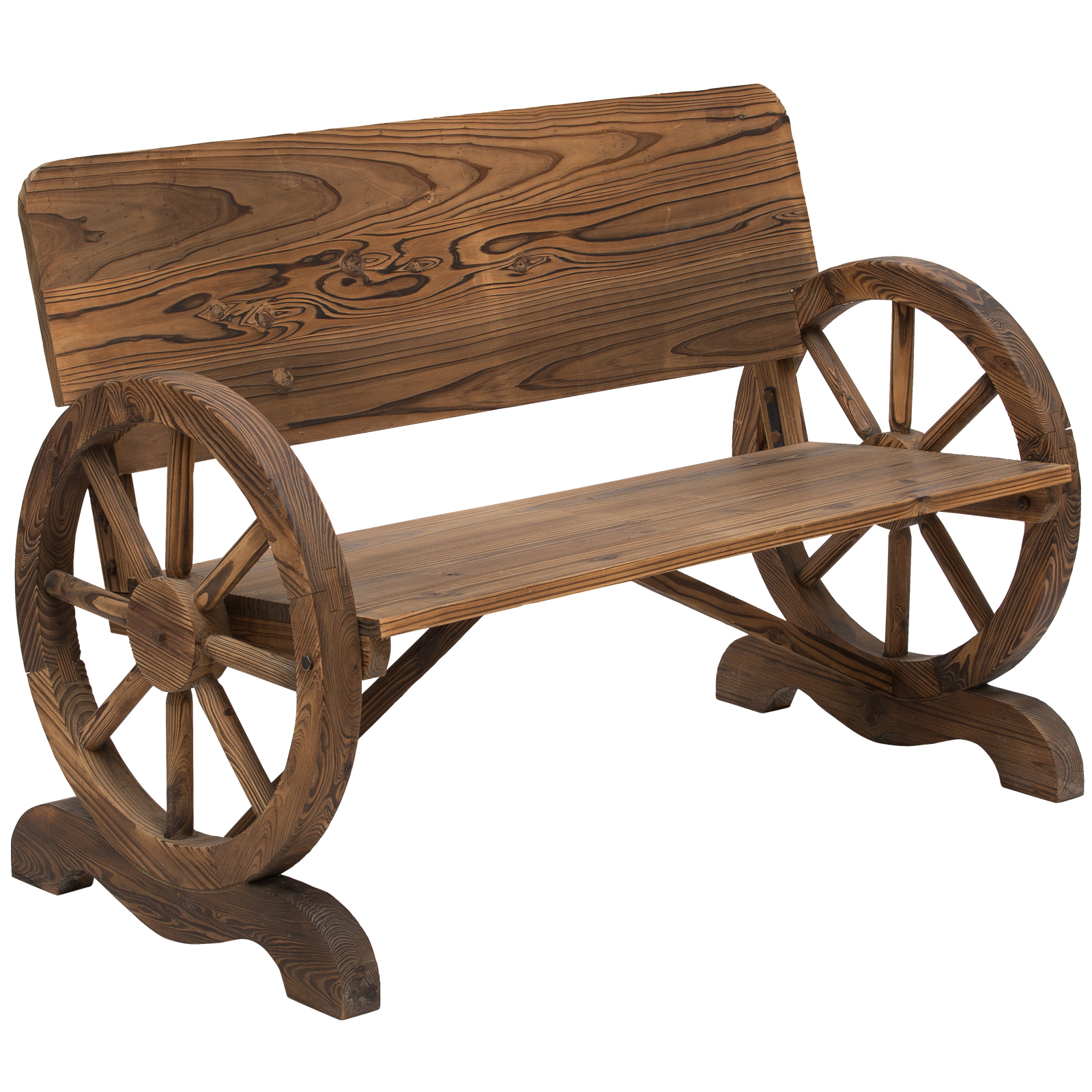 2-Sitzer Gartenbank Massivholz mit Armlehne, Sitzbank mit Wagenräder-Design, Gartenmöbel 250kg belastbar, Rustikale Bank, 114 x 58 x 80 cm, Braun