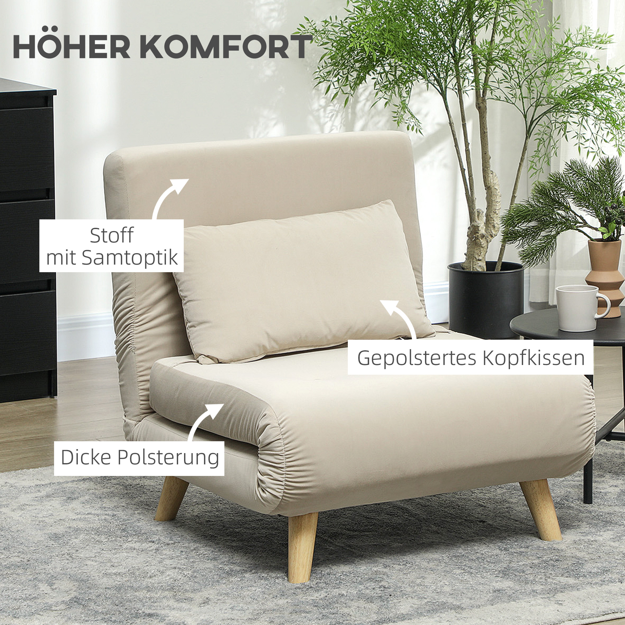 Klappsessel mit Bettfunktion, Klappbarer Relaxsessel in Samtoptik, Verstellbare Lehne, bis 120 kg belastbar, Beige