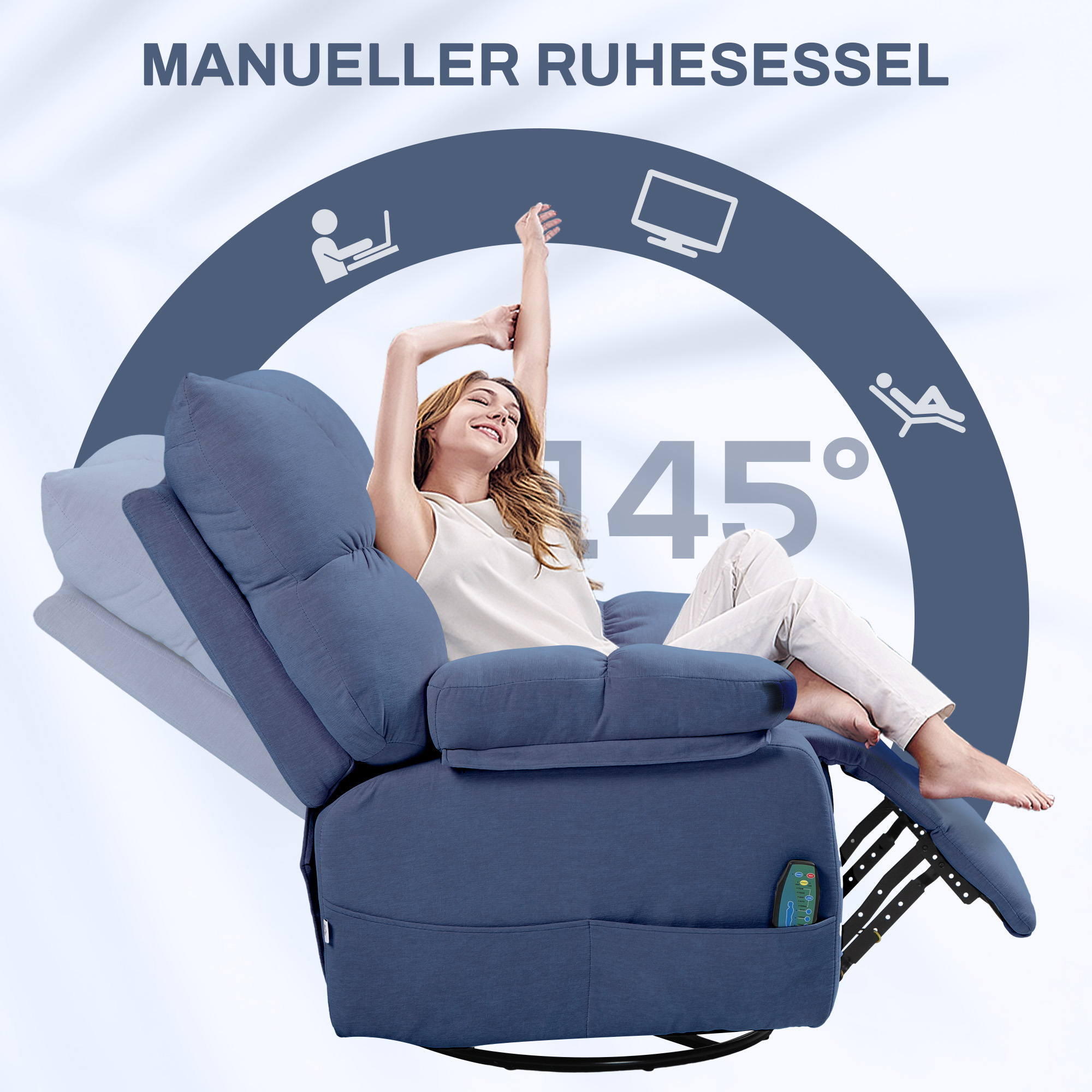 Massagesessel mit Wärme- & Liegefunktion, drehbar, bis 150 kg, Metallgestell, 98x90x98cm, Blau