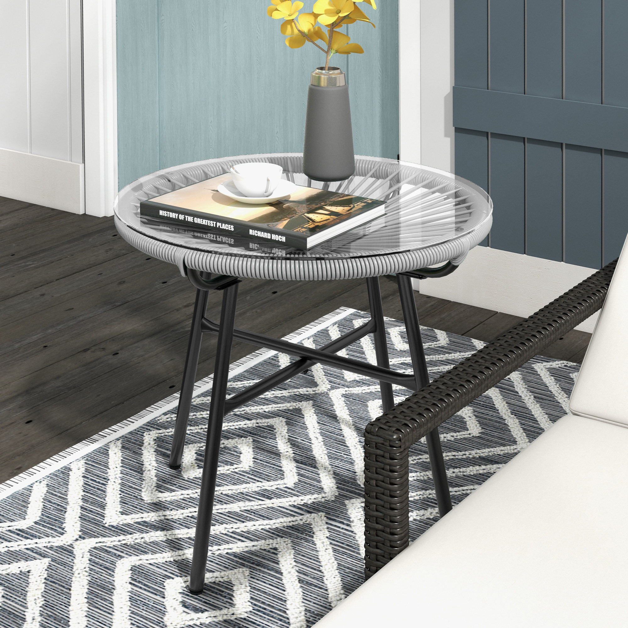 Gartentisch Boho-Stil Outdoor Beistelltisch, PE-Rattan, gehärtetes Glas, wetterbeständig, 50 cm x 50 cm x 50 cm, Grau