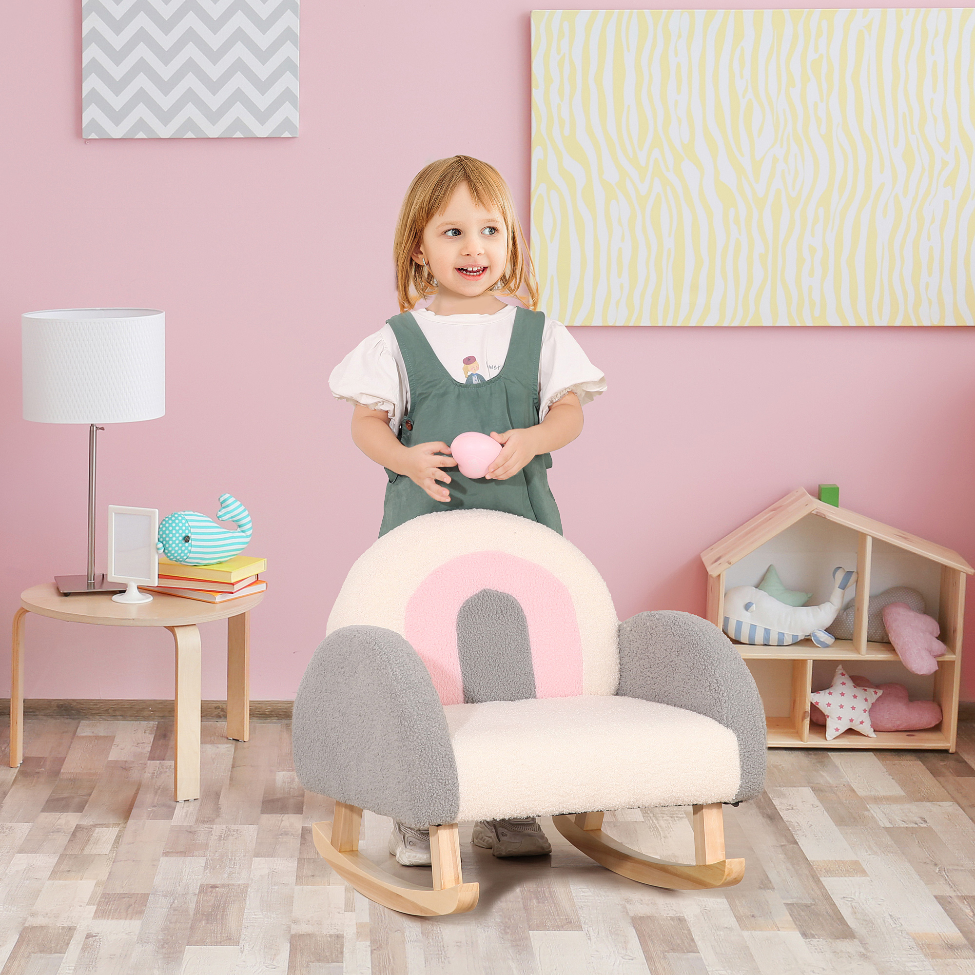 Schaukelstuhl für Kleinkinder, niedliches Design, Schaffell-Imitat, Eukalyptusholz, 50 x 45 x 44cm, grau+rosa+creme
