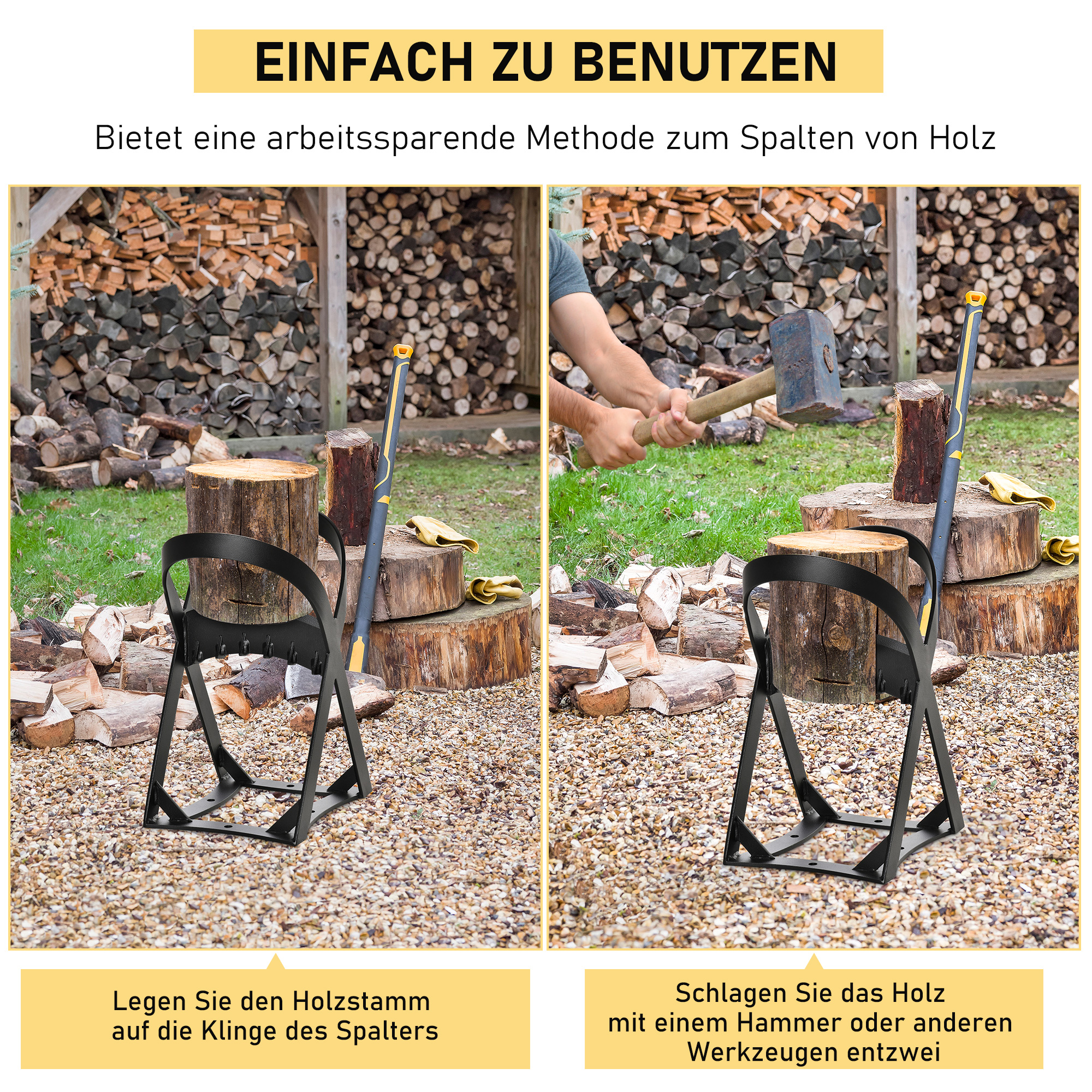 Manueller Holzspalter aus Karbonstahl Brennholzspalter schnelles Brennholzspaltwerkzeug leicht zu bedienen für Campen Outdoor Schwarz 24,4 x 20,8 x 37,4 cm