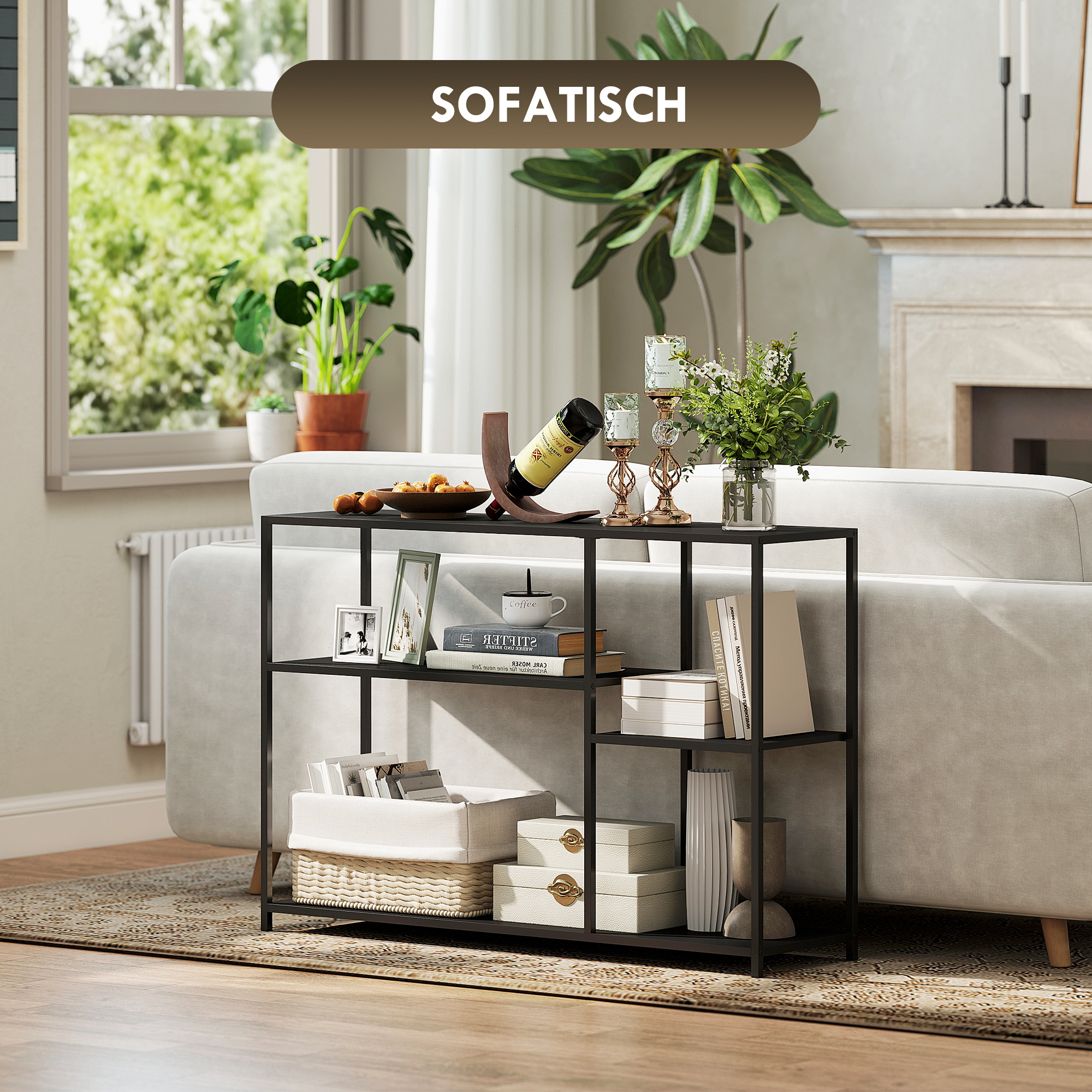 Konsolentisch, 4 Ebenen, Stahlrahmen, für Flur, Wohnzimmer, Schwarz